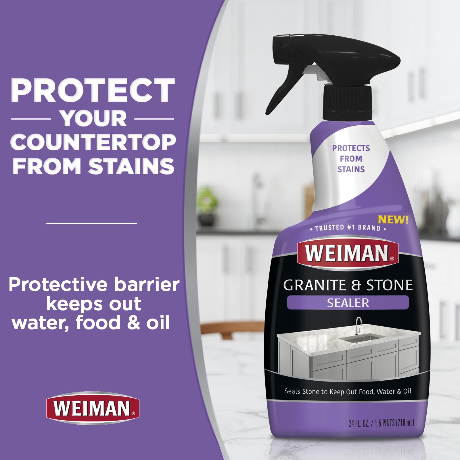 Weiman Granite & Stone Sealer Spray - 24 oz Water-Based Protector for Kitchen Countertops, Bathroom Sinks, Showers, Vanities & Floors - Safe for Granite, Quartz, Marble, Tile, Limestone & Slate - Prevents Stains & Etching - Perfect for Daily Kitchen & Bathroom Protection
