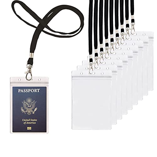 Waterproof Passport Holder with Lanyard - Large Travel ID Badge Holder for Airport Security (10-Pack Black)