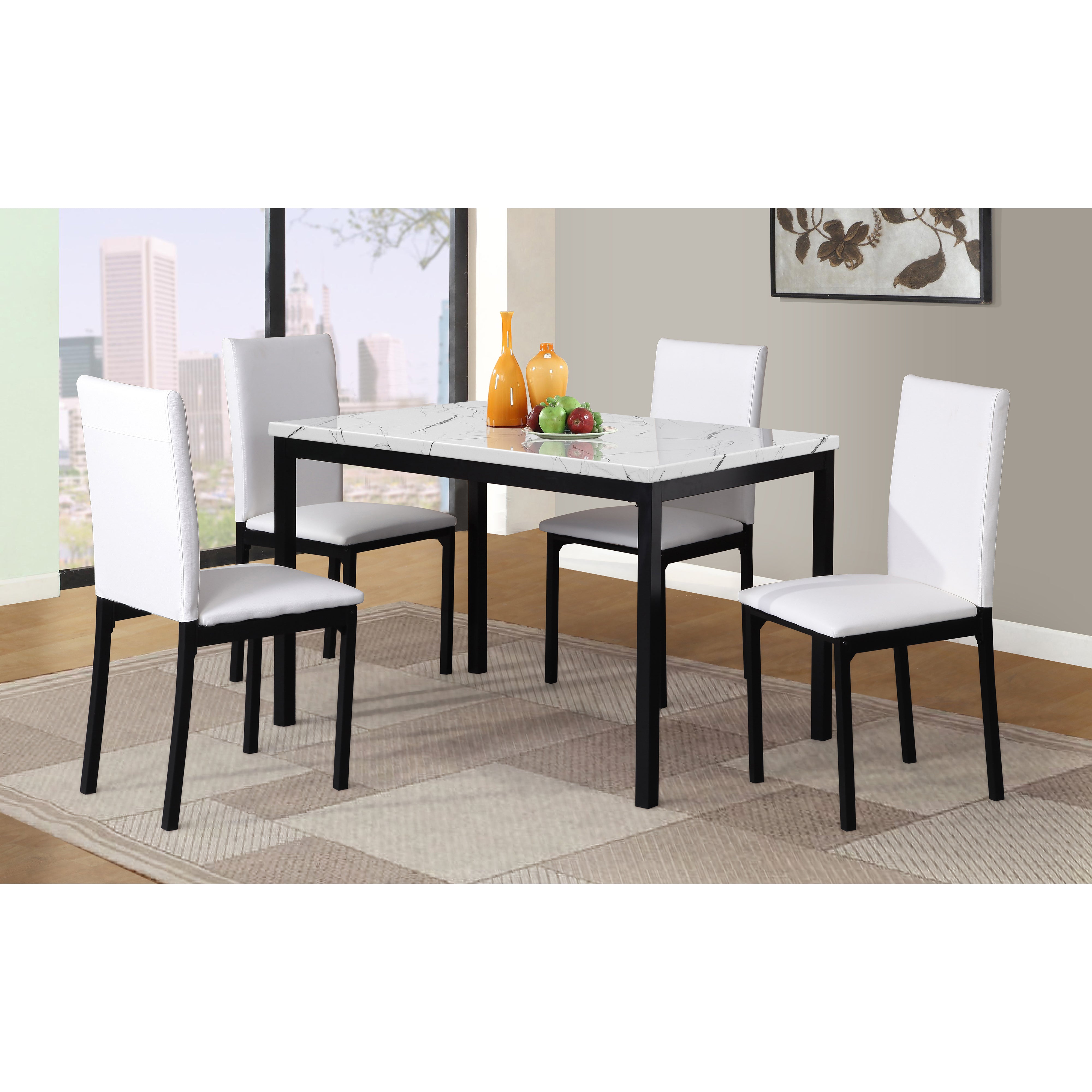 Roundhill Furniture Citico 5-Piece Metal Dinette Set with White Laminated Faux Marble Table & Matching Chairs - Perfect for Kitchen, Dining Room, Breakfast Nook & Small Space Decor