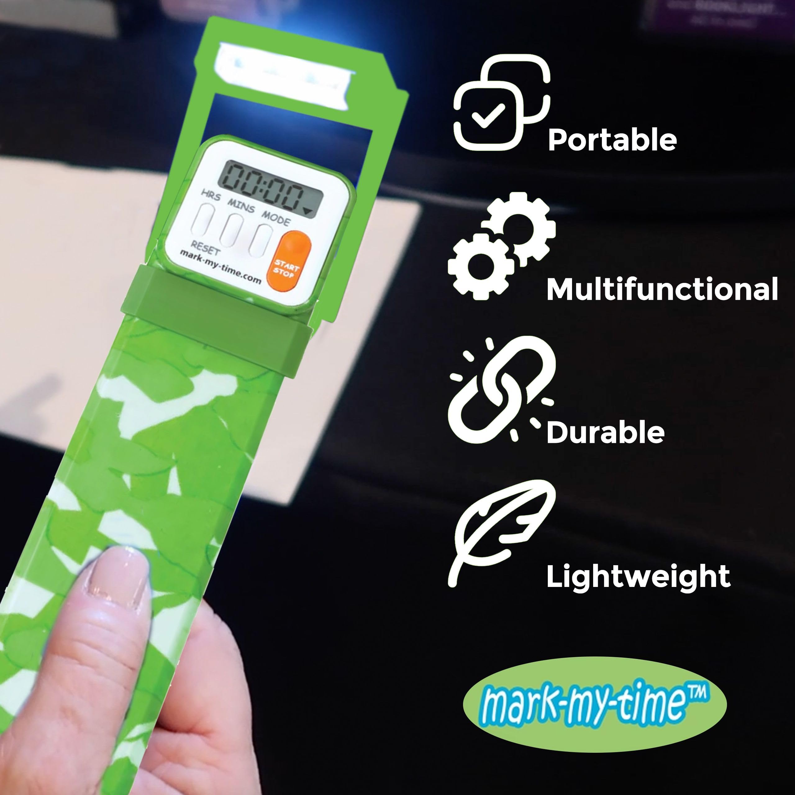 Mark-My-Time Digital Bookmark with LED Light - Timer & Reading Tracker for Kids, Fun Book Accessories & Reading Incentives, Perfect Christmas Gift & Stocking Stuffer (Green Camouflage) - Ideal for Bedtime Reading, Study Sessions & Book Lovers