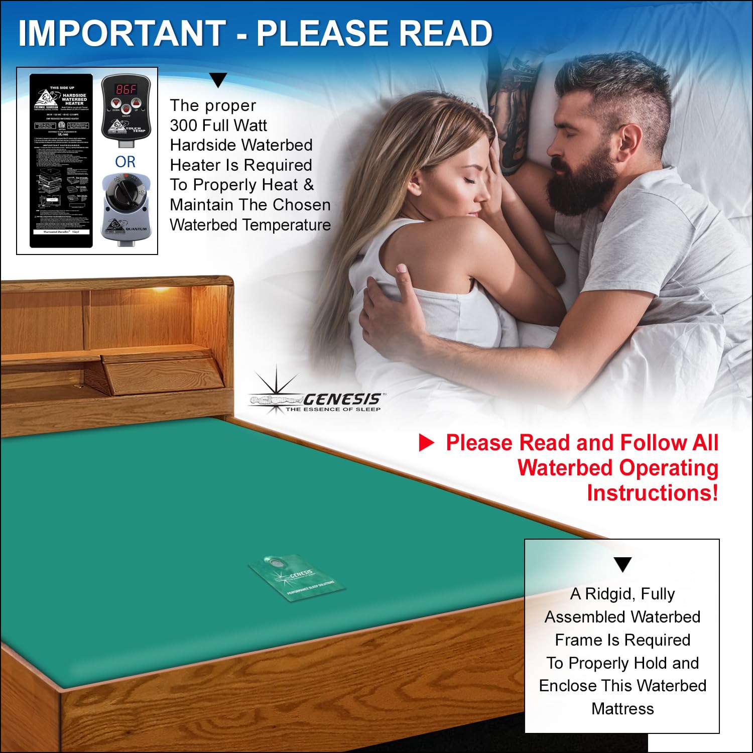 Queen Size 85% Waveless Hard Side Waterbed Mattress with Wood Frame - Includes 2 Year Supply of Waterbed Conditioner & Liner | Perfect for Back Pain Relief, Motion Isolation & Temperature Regulation