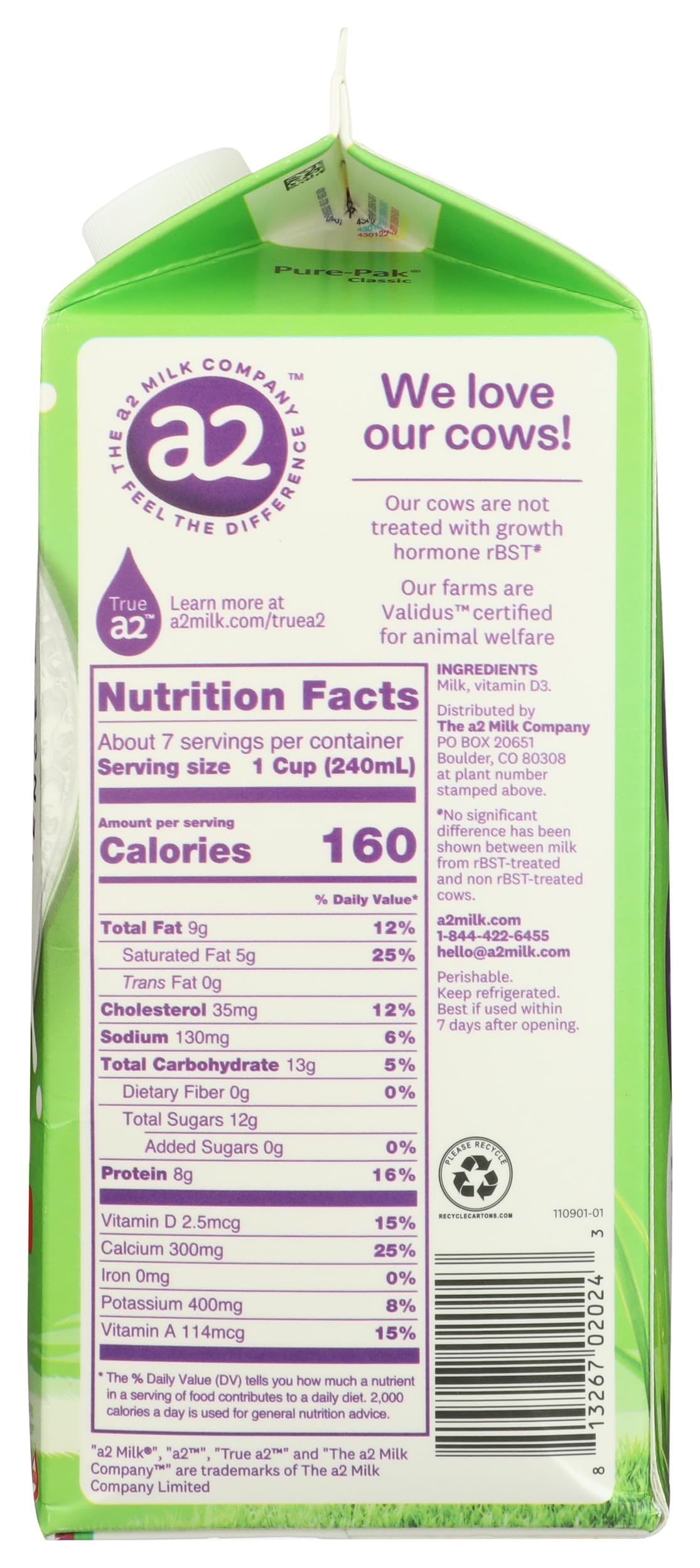 A2 Grass-Fed Whole Milk - 59 oz (1.75L) - Rich & Creamy Natural Milk for Coffee, Baking & Healthy Breakfast - Lactose Friendly Dairy Product