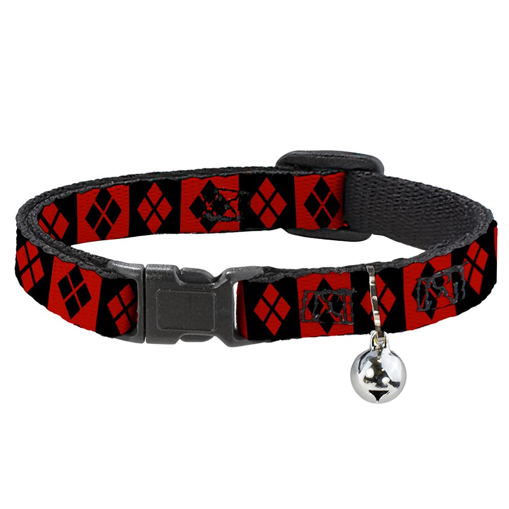 Harley Quinn Breakaway Cat Collar with Diamond Blocks - Red & Black Adjustable 8-12 Inches, 0.5 Inch Wide - Perfect for Costume Parties & Everyday Safety