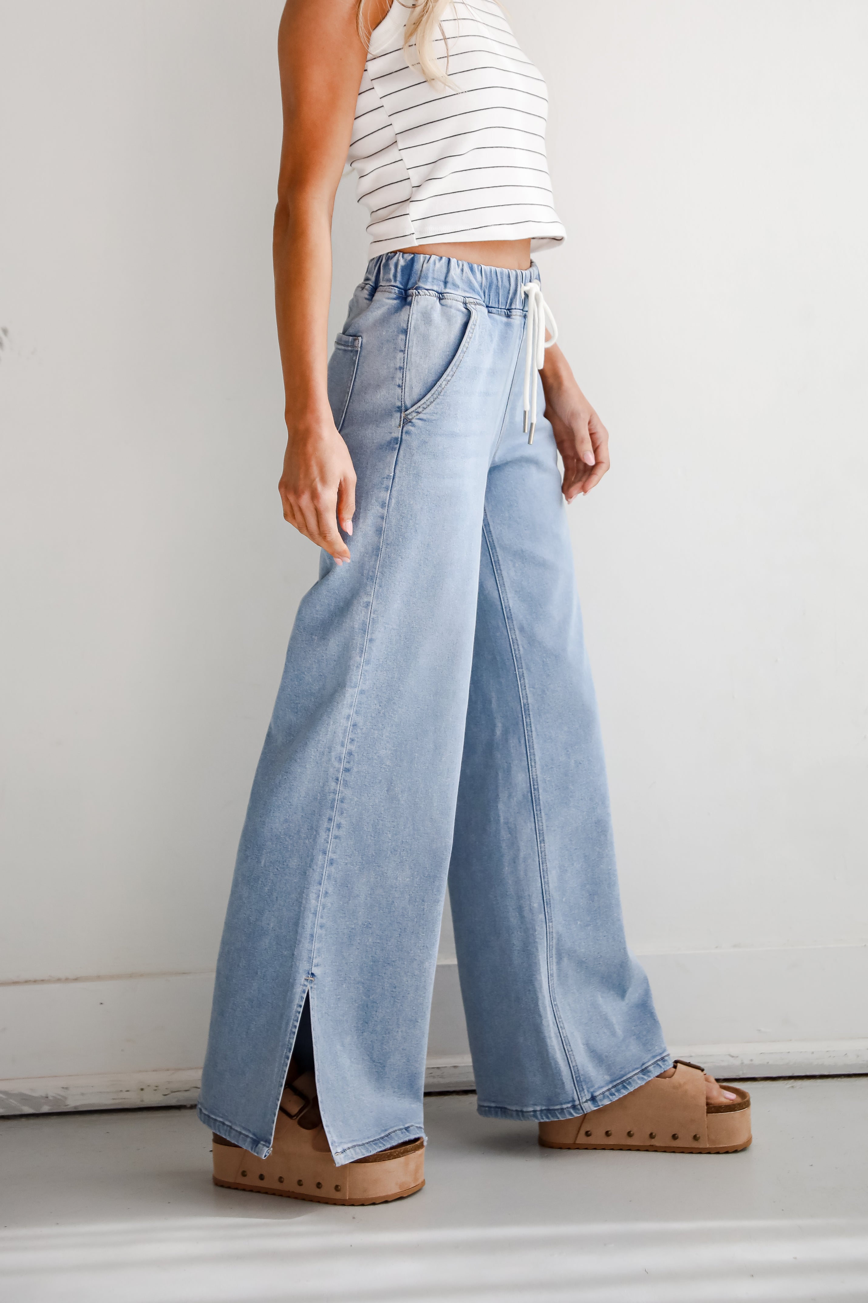 Carla Light Wash High Rise Drawstring Waist Wide Leg Jeans for Women - Comfortable Stretch Denim Pants for Casual Wear & Everyday Outfits