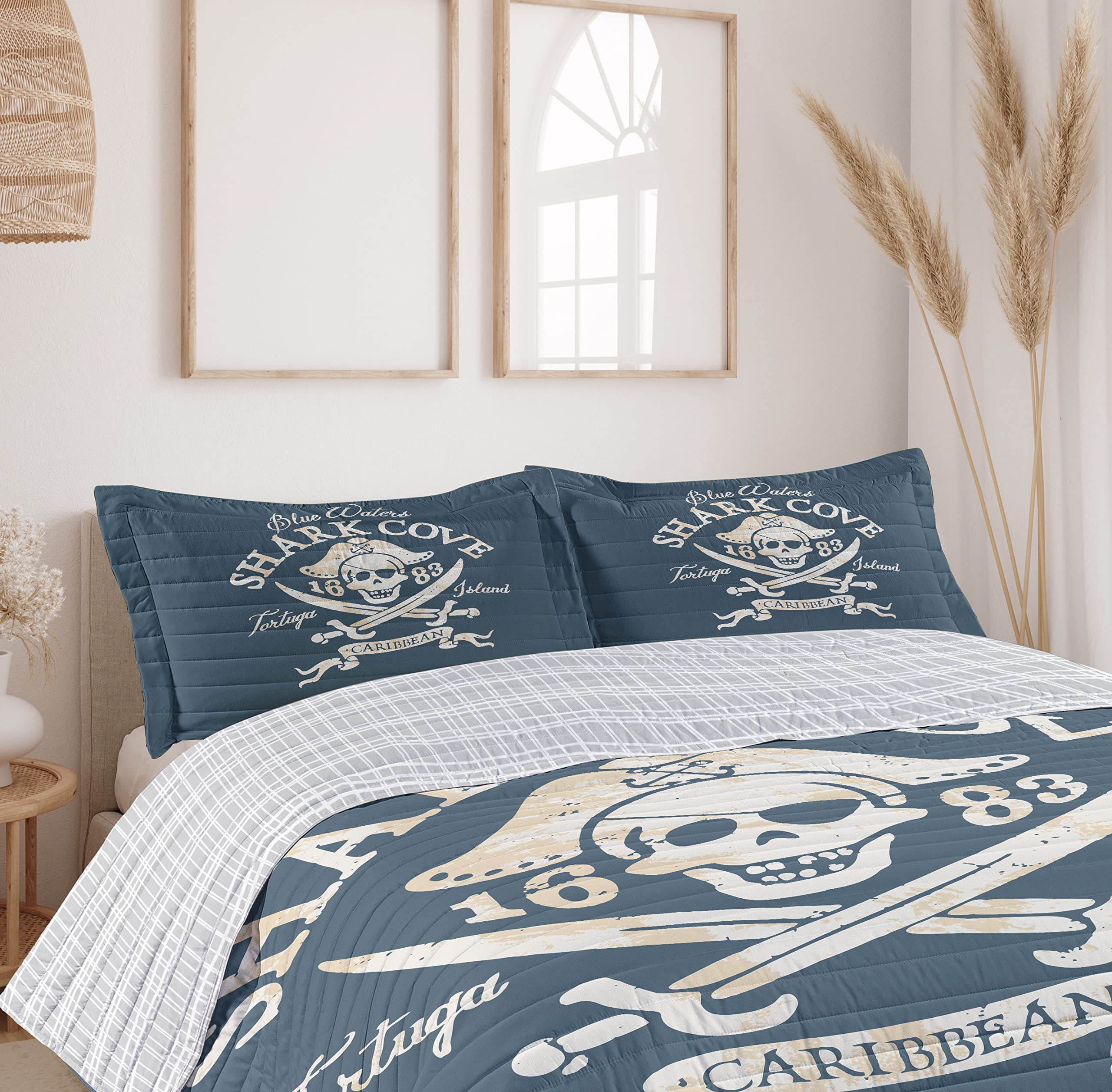 Ambesonne Pirate Reversible Bedspread Set - Shark Cove Tortuga Island Caribbean Waters Retro Jolly Roger Design | Microfiber Comforter & Pillow Shams | Queen Size Bedding in Pale Mustard & Slate Blue | Perfect for Nautical Themed Bedrooms, Pirate Lovers & Coastal Decor