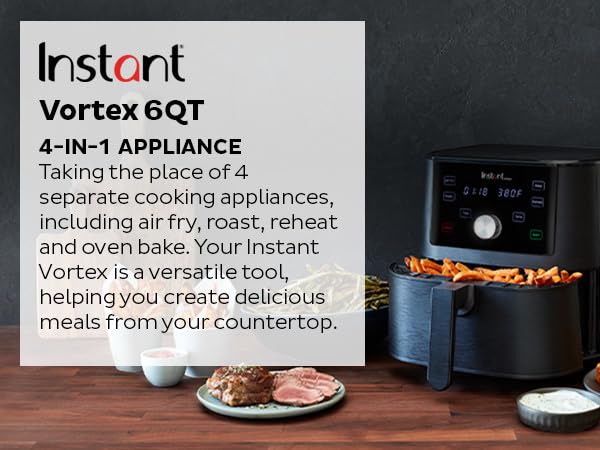 Instant Pot Vortex 6QT XL Air Fryer - 4-in-1 Multi-Cooker for Crisping, Roasting, Reheating & Baking | 100+ In-App Recipes | Dishwasher Safe | Perfect for Quick Family Meals, Healthy Cooking & Meal Prep | Black