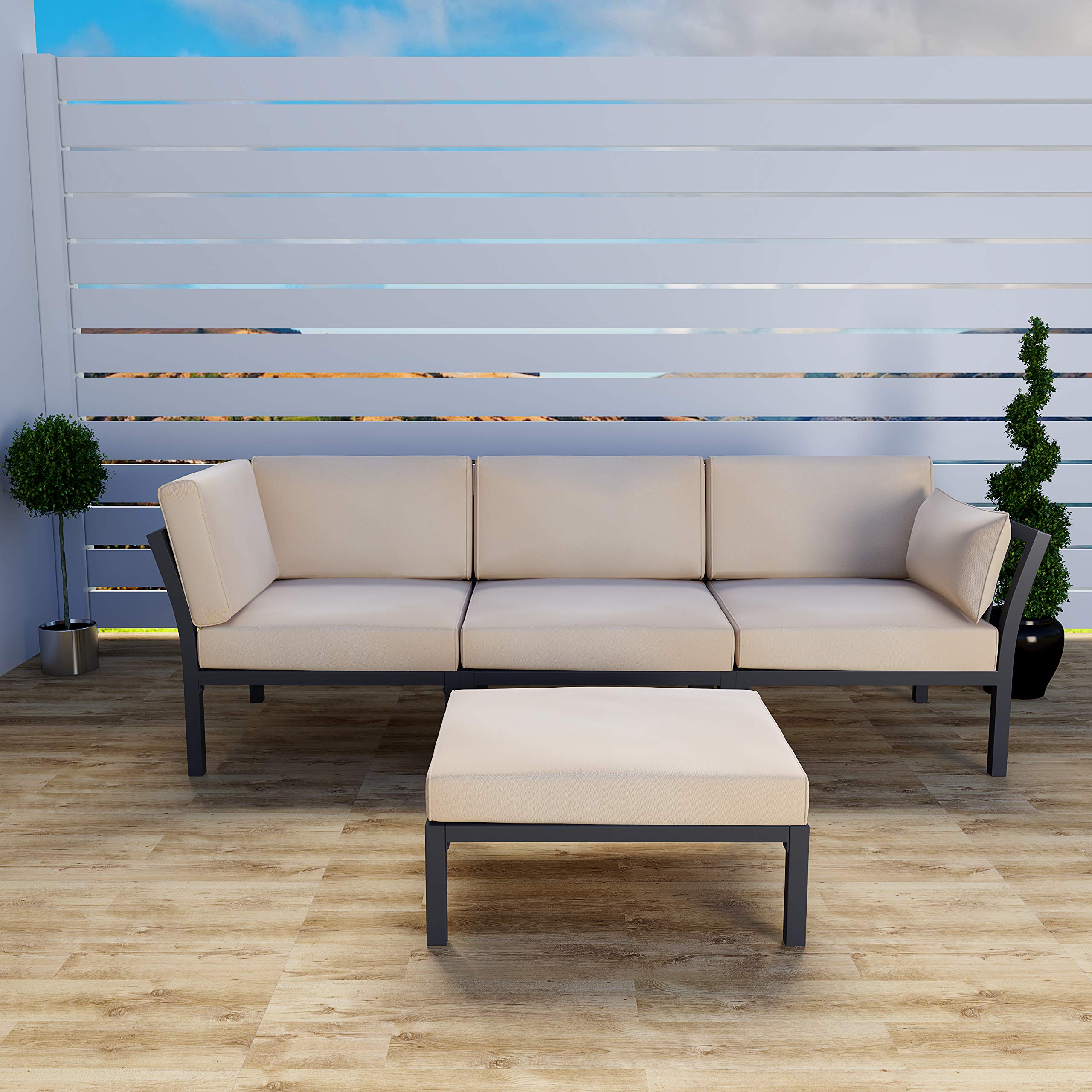 4-Piece Patio Sectional Sofa Set with Cushions - Outdoor Metal Conversation Furniture for Garden, Lawn, Poolside - Khaki Color - Perfect for Backyard Relaxation, Entertaining Guests & Summer Lounging