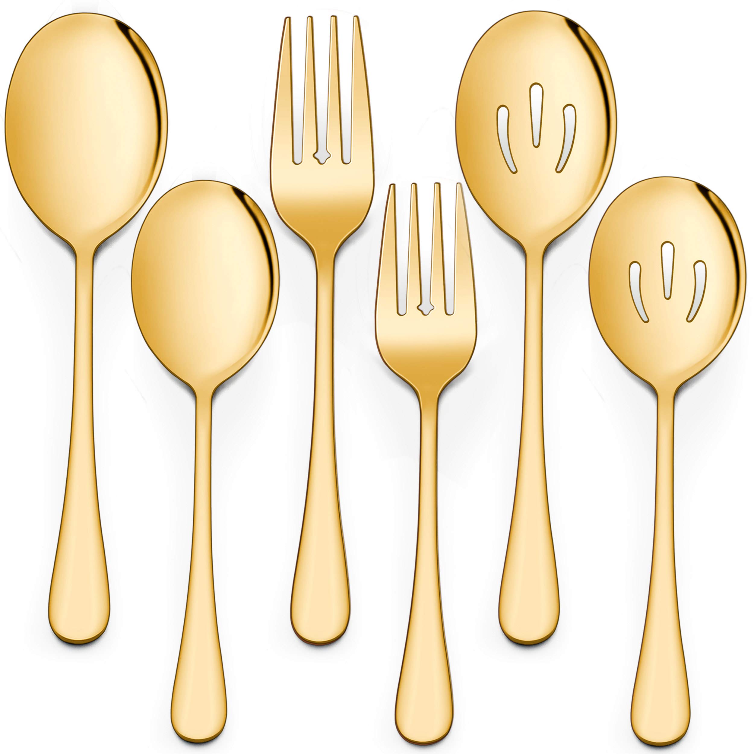 LIANYU 6-Piece Gold Stainless Steel Serving Spoon and Fork Set - 8.75 Inch Elegant Buffet Catering Utensils for Parties, Banquets & Dinnerware (Dishwasher Safe) - Perfect for Wedding Receptions, Holiday Gatherings & Formal Dining Events