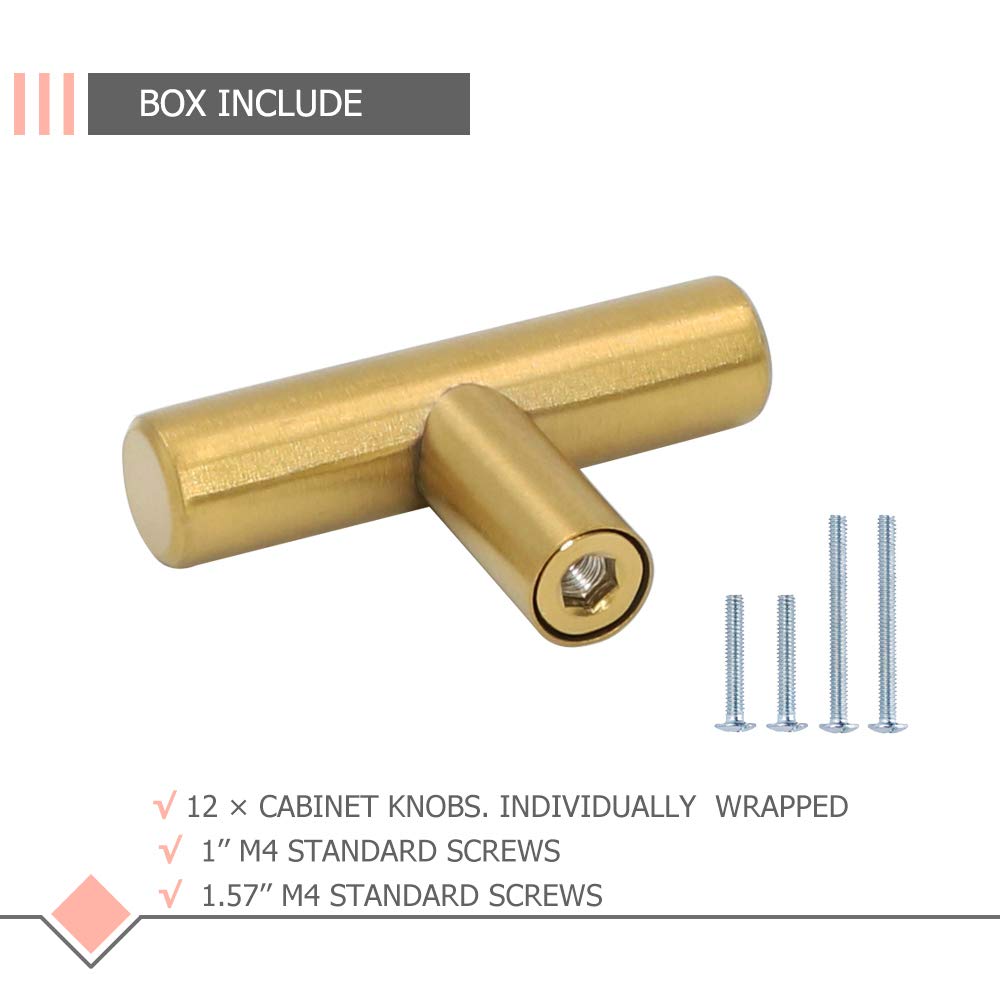 LONTAN 12 Pack Brushed Gold Cabinet Knobs - Modern Stainless Steel Kitchen & Bathroom Hardware - Dresser Drawer Handles for Home & Office Furniture (Perfect for Cabinets, Wardrobes, Dressers & Storage Units)