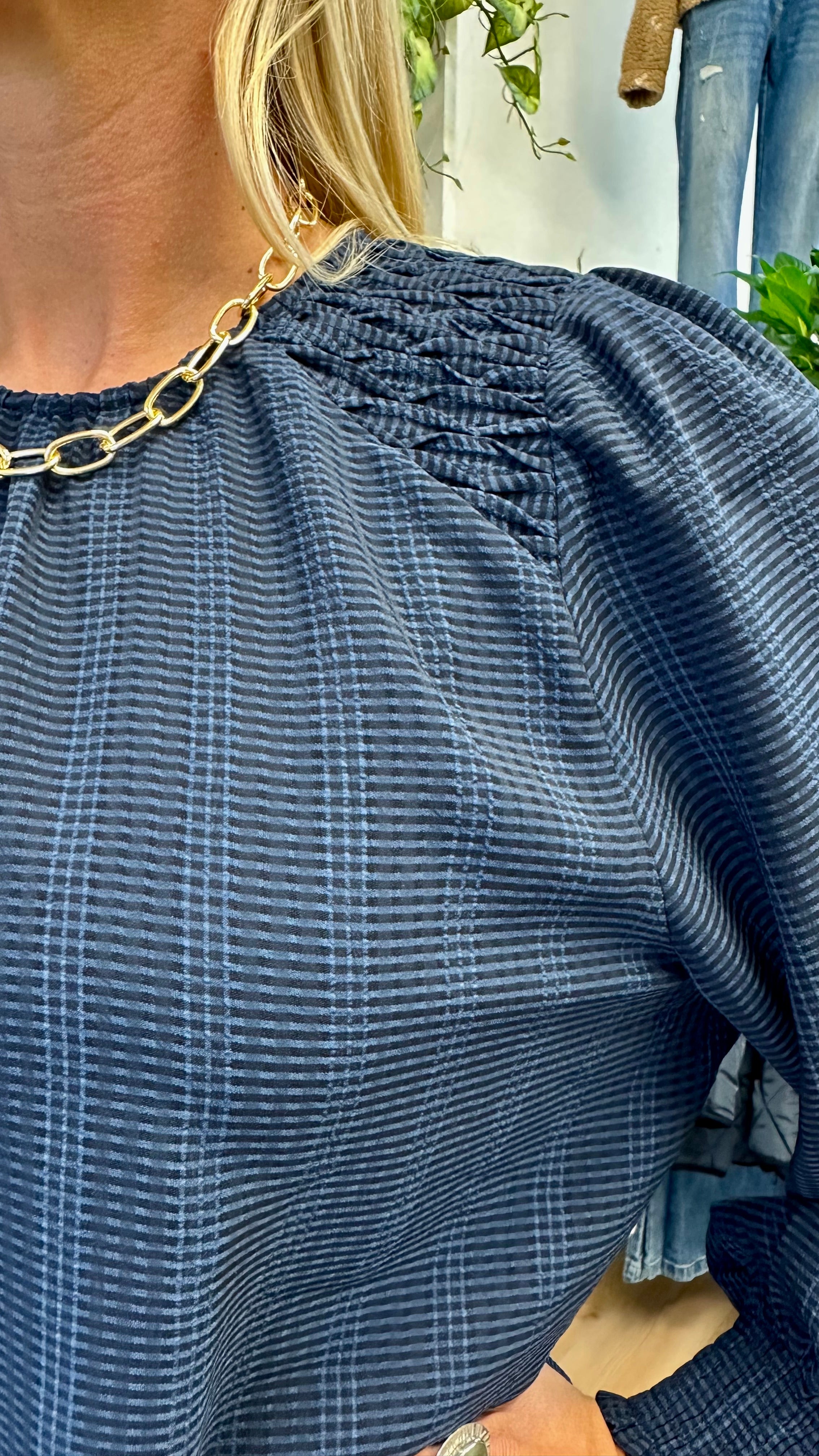 Honeycomb Blouse for Women - Navy Checkered Long Sleeve Shirt - Office Wear & Casual Outfits