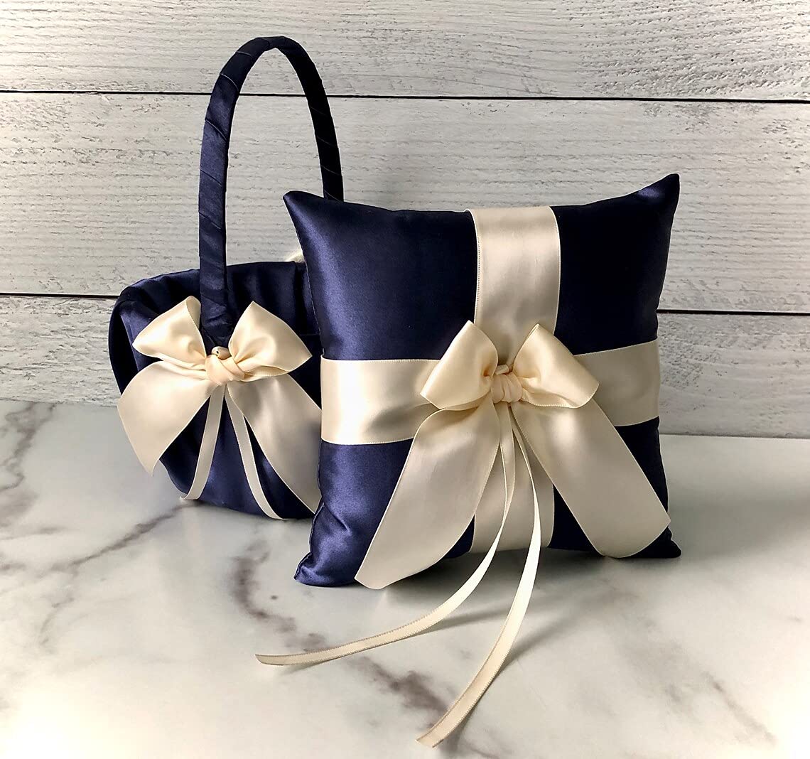 Ivory Navy Flower Girl Basket and Ring Bearer Pillow Set - Wedding Ring Holder Pillow with Navy Basket (2 Pillows + 1 Basket) - Perfect for Wedding Ceremonies, Bridal Showers, and Photo Shoots