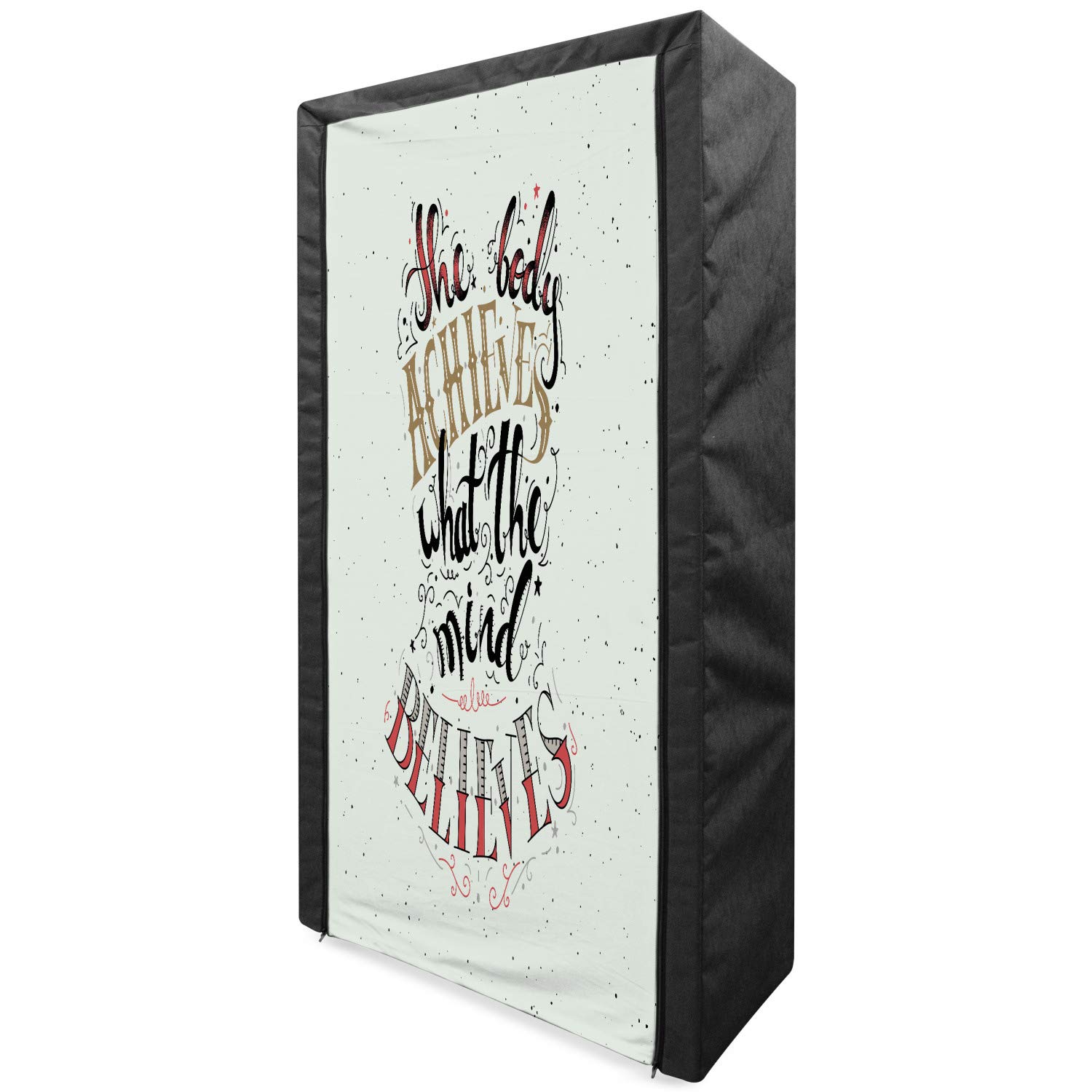 Ambesonne Portable Fabric Wardrobe - 33.5 Inch Multicolor Clothing Organizer with Shelves for Fitness & Home Storage | Perfect for Small Spaces, Dorm Rooms & Travel | Motivational Calligraphy Design
