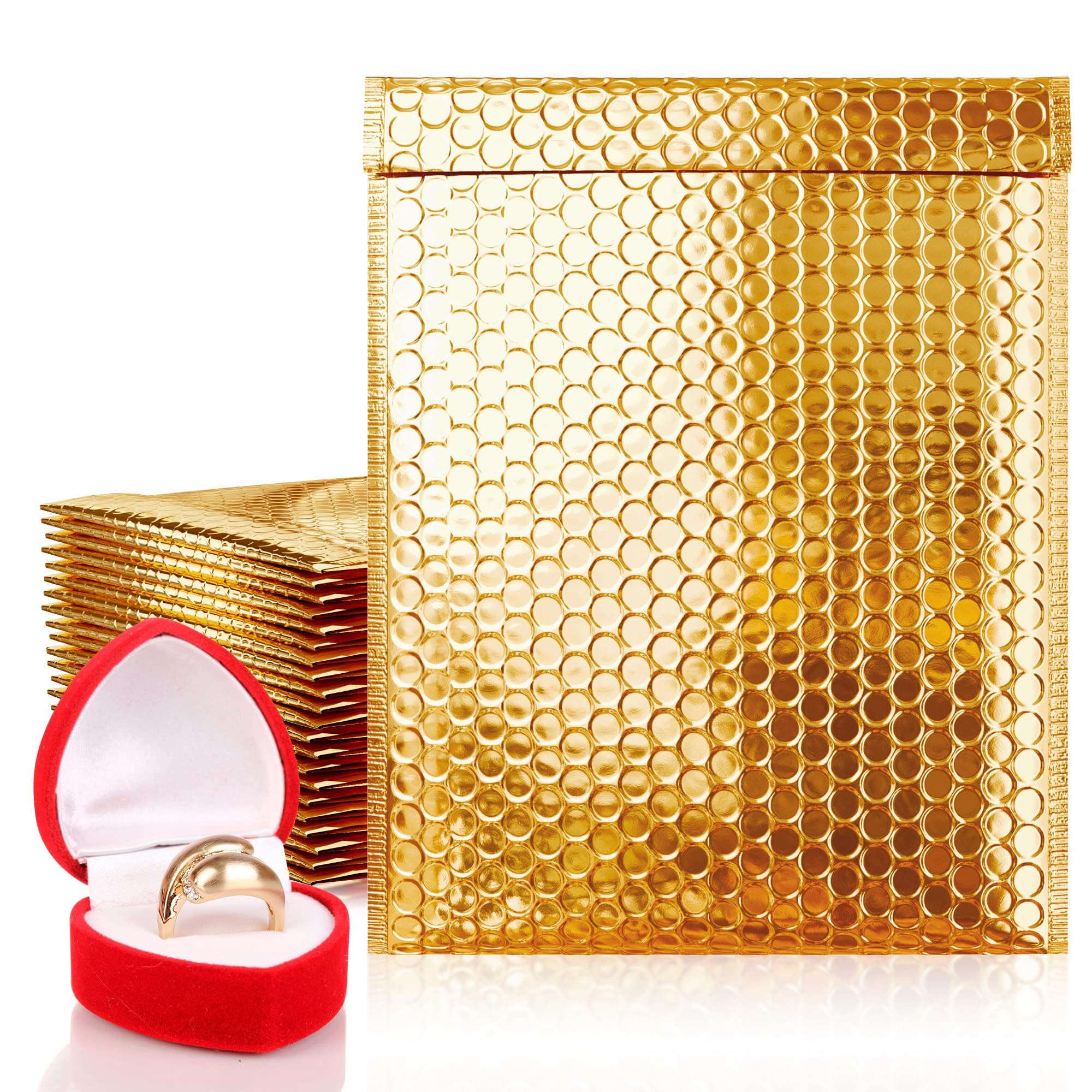 AMZ 100-Pack Metallic Gold Bubble Mailers 9.5x13.5 Inch - Self Seal Padded Shipping Envelopes, Waterproof Metalized Foil Mailing Bags for Ecommerce, Jewelry, Small Business Packaging & Gift Wrapping
