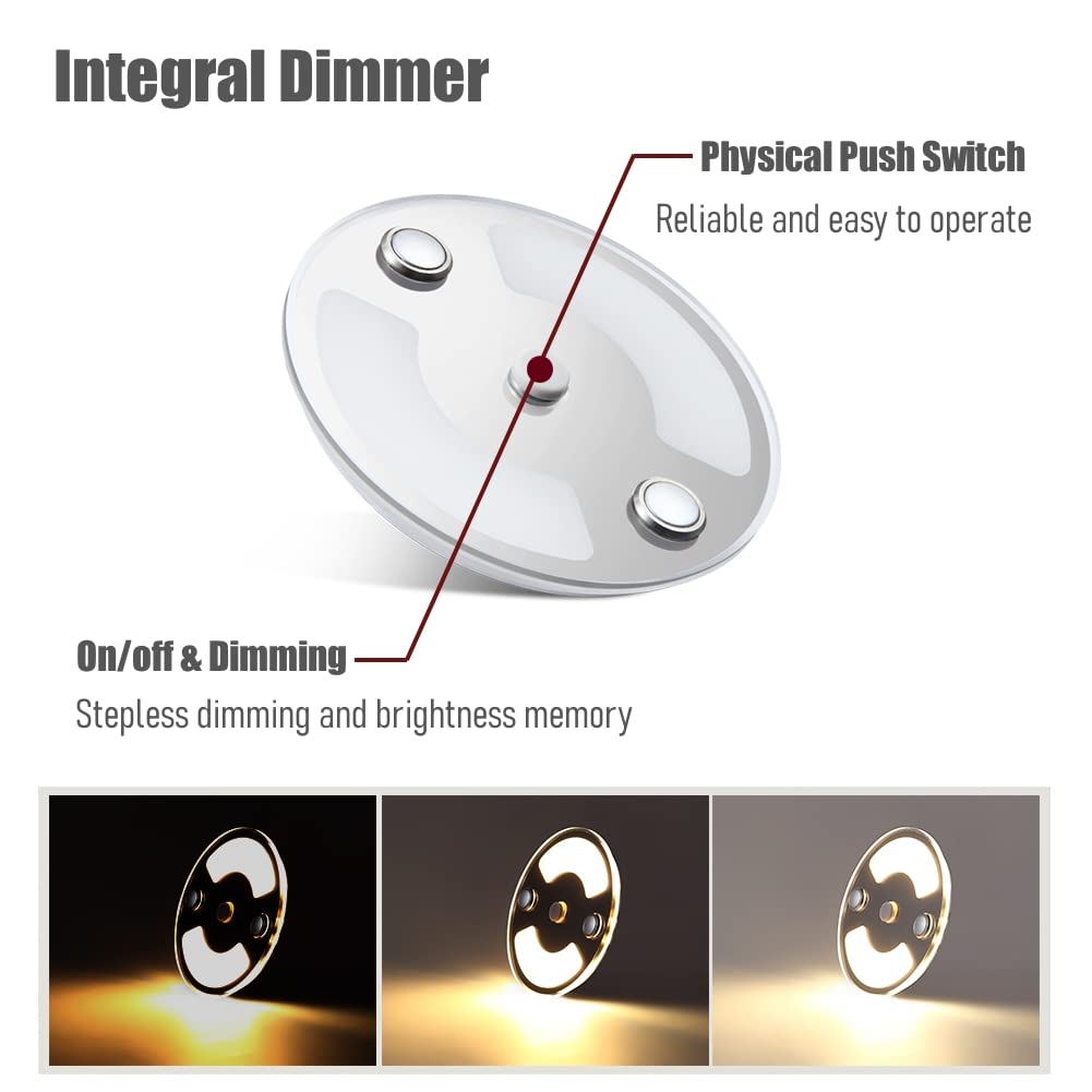 12V RV Boat Interior LED Puck Light - 3 Inch Dimmable Acrylic Disk Light with Blue Nightlight for Camper Van, Motorhome & Truck Trailer Lighting (Warm White) | Perfect for Bedroom, Kitchen & Cabinets