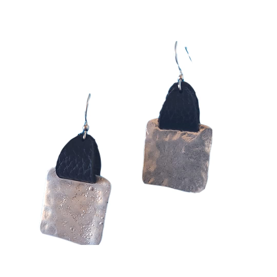 Stylish Black Leather Silver Square Earrings for Women - Trendy Boho Chic Jewelry for Parties, Weddings & Everyday Wear