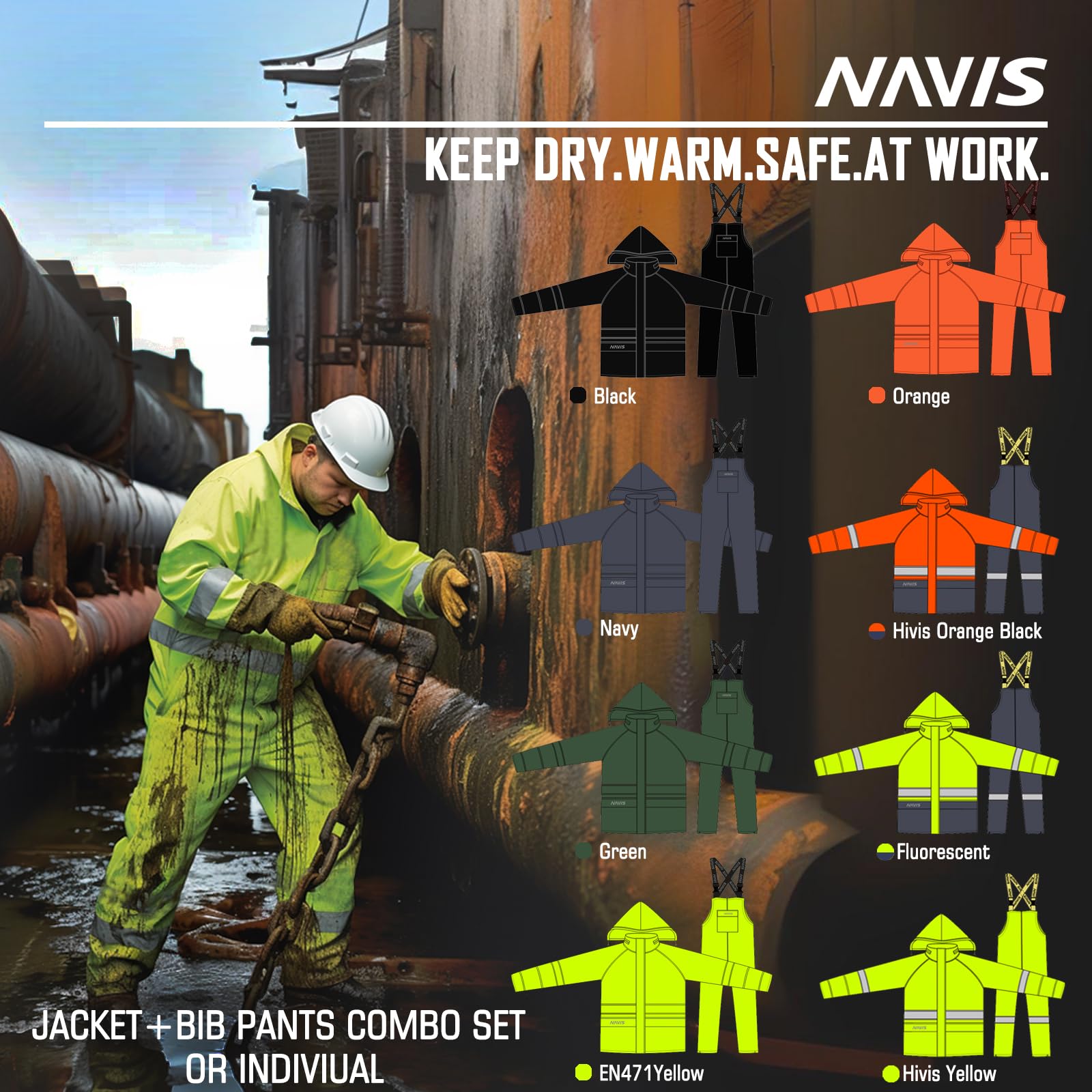 Men's Waterproof Workwear Rain Suit Set - Heavy Duty PRO Jacket & Bib Overalls for Construction, Fishing & Outdoor Jobs | All-Weather Protection & Comfort