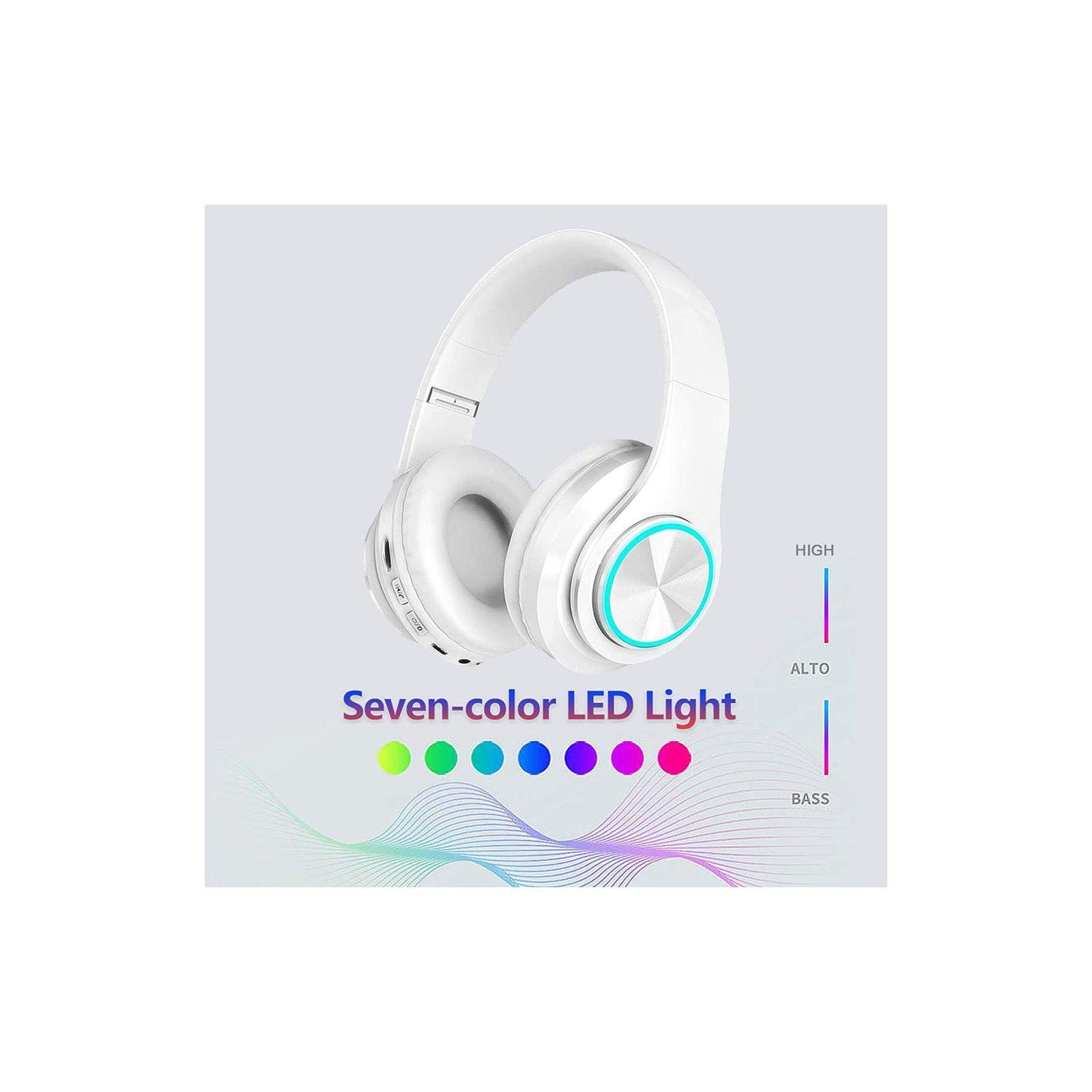 Wireless Bluetooth Over-Ear Headphones with Deep Bass, Colorful LED Lights & Built-in Mic - Lightweight Foldable HiFi Stereo Headset for Kids & Adults - Perfect for School, Classroom, Home, Travel, Office, PC & Smartphone Use - White