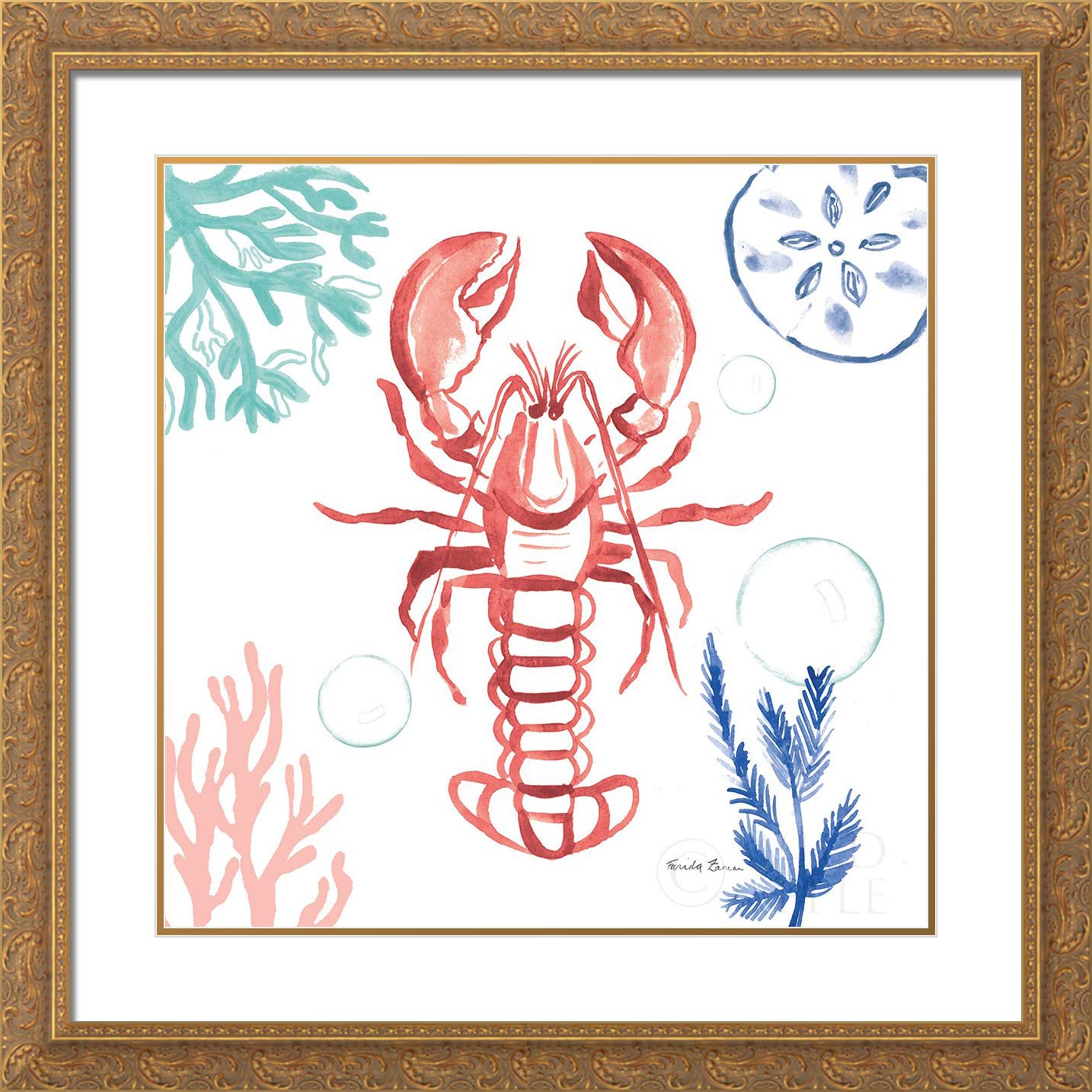 Farida Zaman 15x15 Inch Gold Ornate Framed Double Matted Museum Art Print - Coastal Jewels VI Coral Cove Wall Decor for Living Room, Bedroom & Office