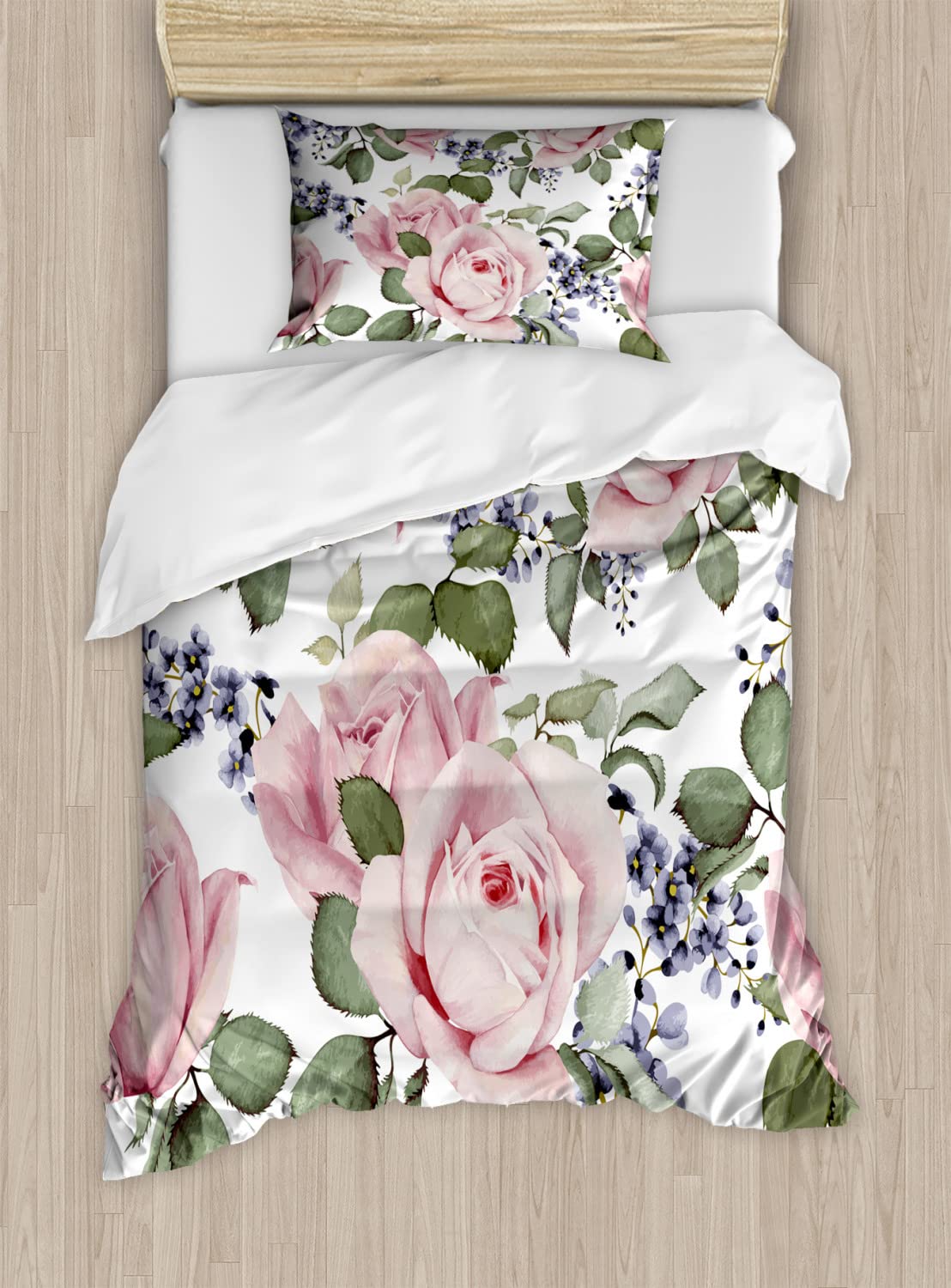 Ambesonne Rose Duvet Cover Set King Size 2-Pack - Floral Pink Roses Design with Spring Summer Blossoms, Includes 2 Duvet Covers & 4 Pillowcases in Pale Pink Green Blue Grey - Perfect for Bridal Bedroom, Guest Room & Romantic Home Decor