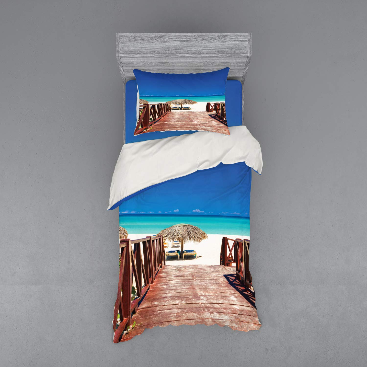 Ambesonne Beach Duvet Cover Set - Tropical Cuba Summer Ocean Theme 3-Piece Bedding Set with Sham & Fitted Sheet, Twin Size, Chocolate Navy Turquoise - Perfect for Coastal Decor, Beach House Bedroom, Vacation Home & Summer Resort Style