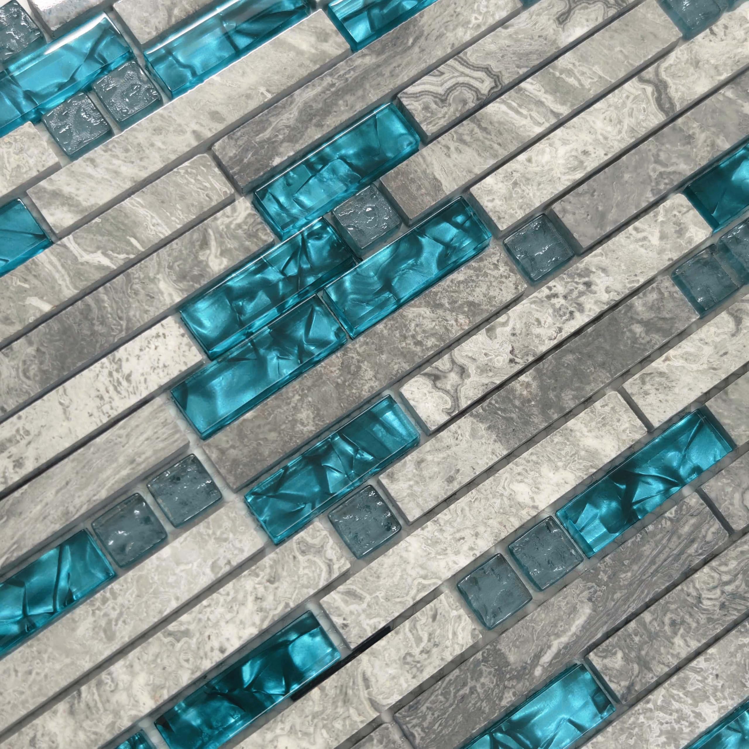 Teal Blue Crystal Glass and Gray Polished Marble Linear Mosaic Tile - 11 Sq Ft Interlocking Bathroom Wall Tiles, Kitchen Backsplash, Fireplace Decor for Modern Home Renovation