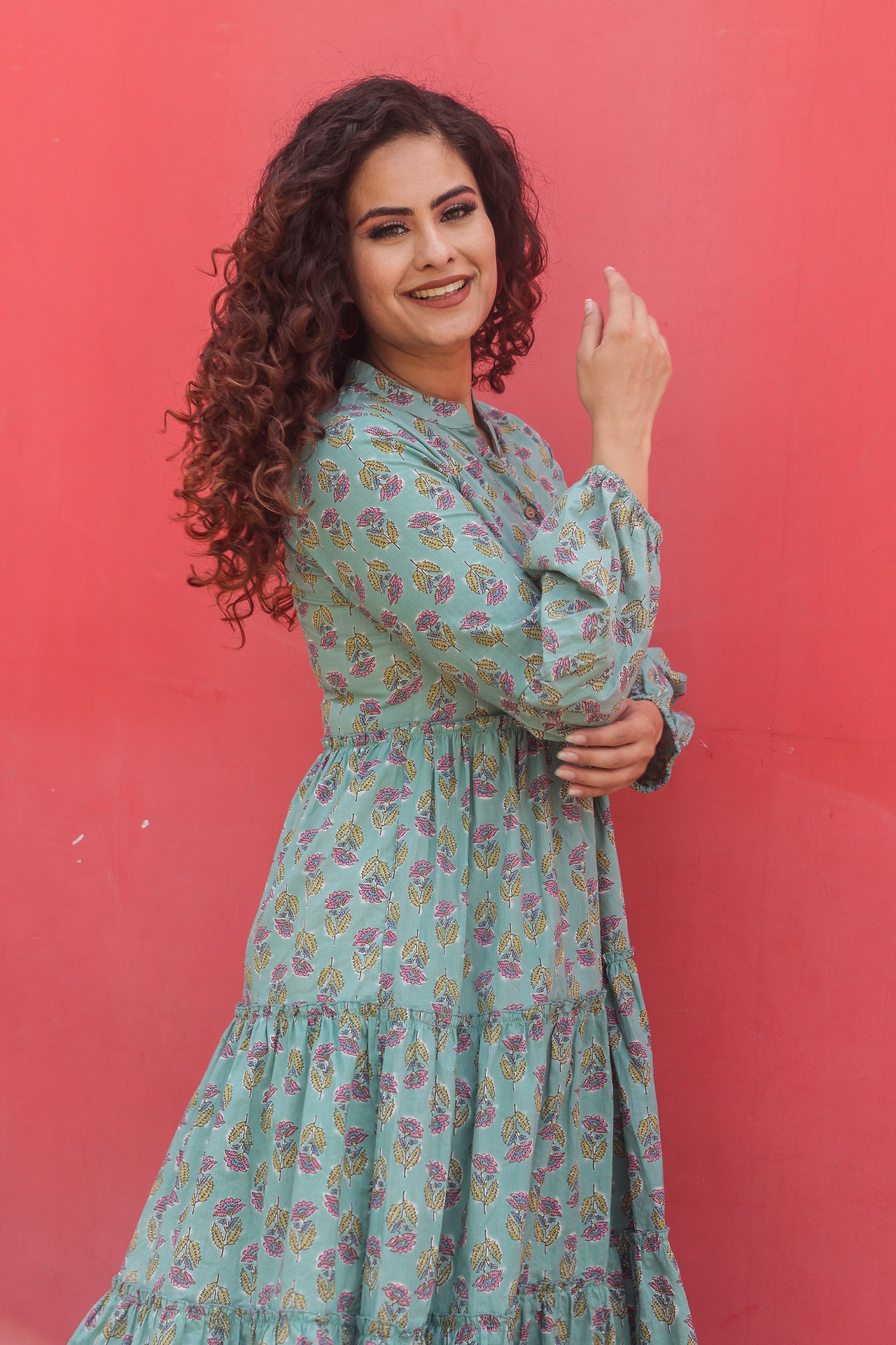 Stylish Teal Block Print Floral Cotton Maxi Dress for Women | Boho Summer Beach Dress | Perfect for Vacations, Parties & Casual Outings