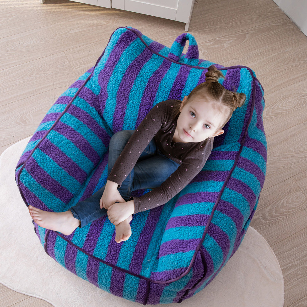 MAXYOYO Sherpa Kids Bean Bag Chair - Soft & Cozy Bean Bag Couch with Decorative Edges for Boys & Girls, Perfect for Bedroom, Playroom or Reading Nook (Stripe Blue)