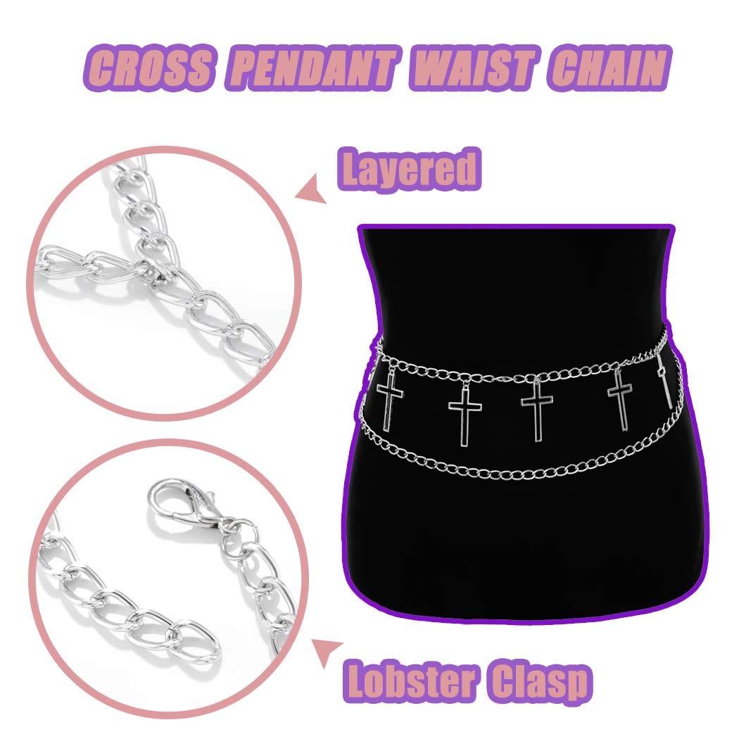 ELABEST Punk Oval Link Cross Waist Chain Belt - Stylish Body Jewelry for Women & Girls - Perfect for Parties, Concerts, and Festival Outfits
