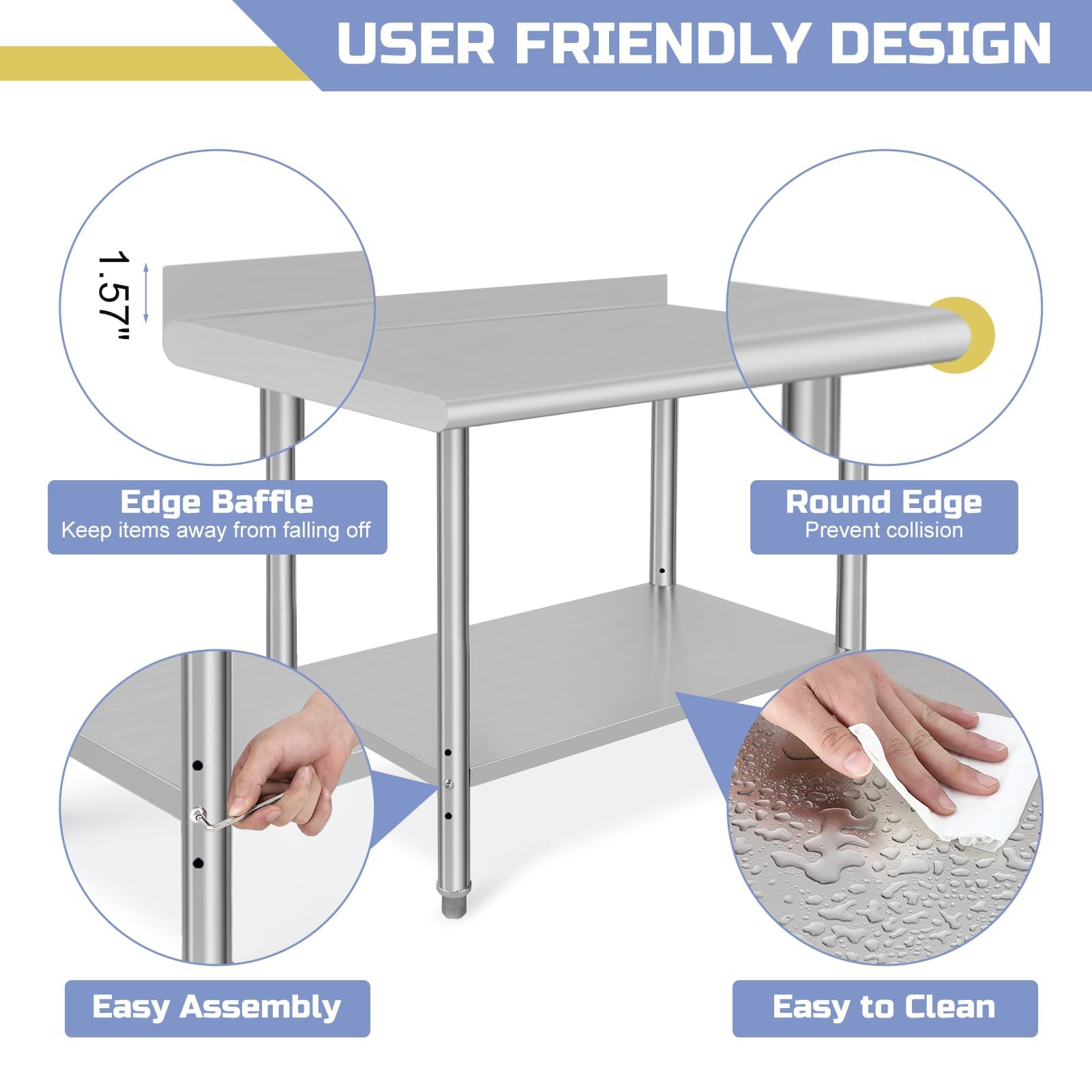 48x24x35 Inch Stainless Steel Commercial Prep Table with Backsplash - Heavy Duty Metal Kitchen Work Table for Restaurant, Home & Hotel Use - Perfect for Food Prep, Cooking & Baking