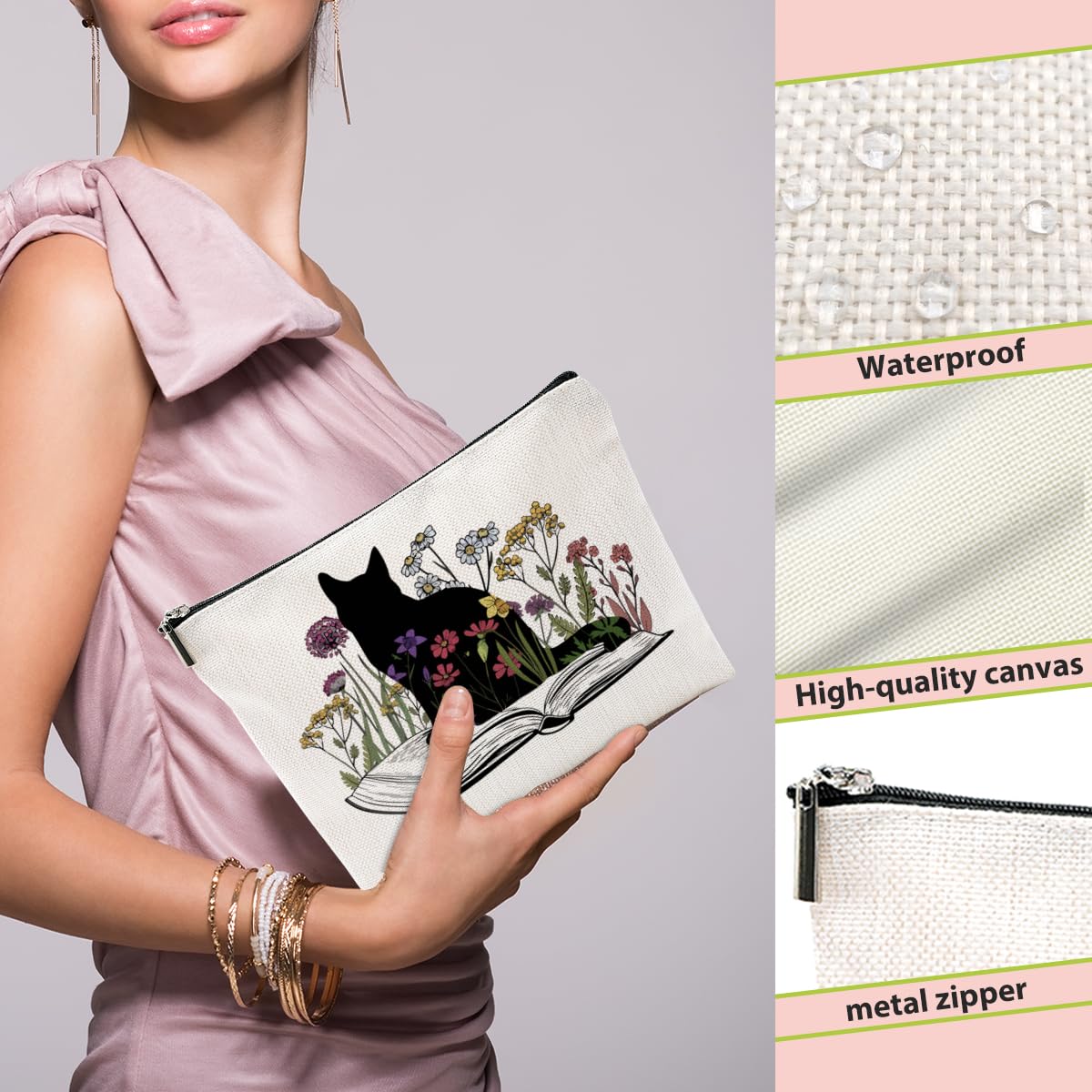 **Elegant Floral Cat Makeup Bag - Perfect Gift for Cat Lovers, Book Enthusiasts & Moms - Ideal for Travel, Cosmetics & Toiletries - Great for Christmas, Thanksgiving & Birthdays**