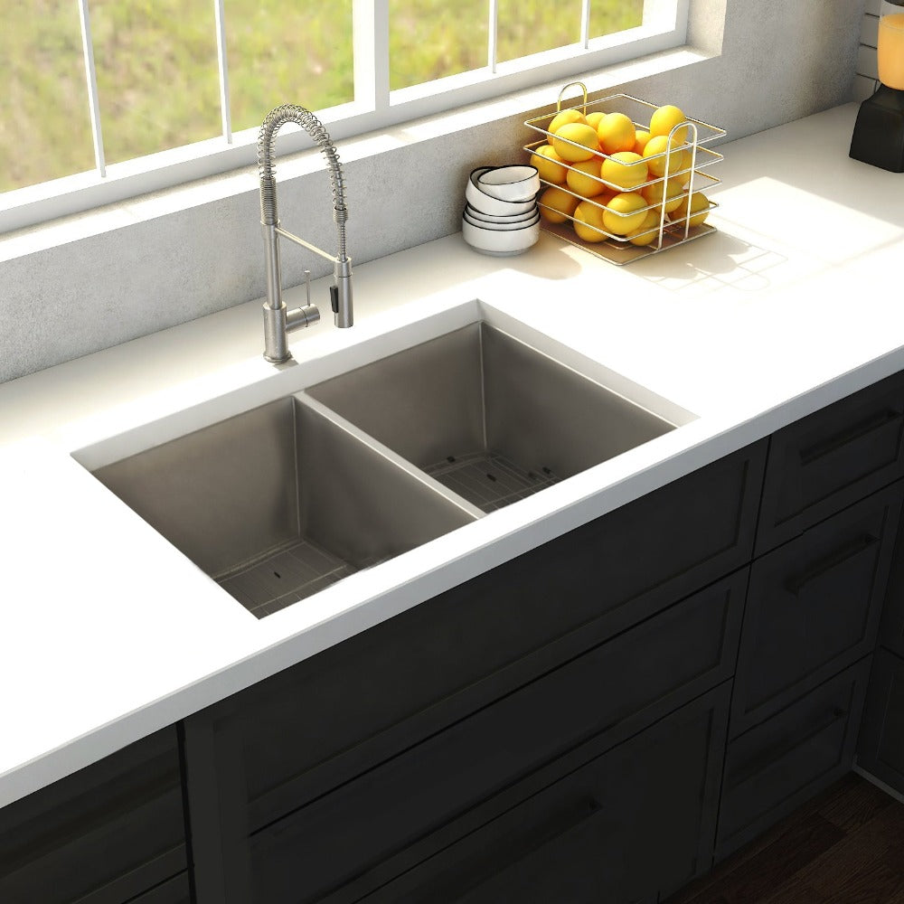 ZLINE Anton 33-Inch Undermount Double Bowl Stainless Steel Kitchen Sink with Bottom Grid (SR50D 33) - Perfect for Modern Kitchens, Dishwashing & Food Prep