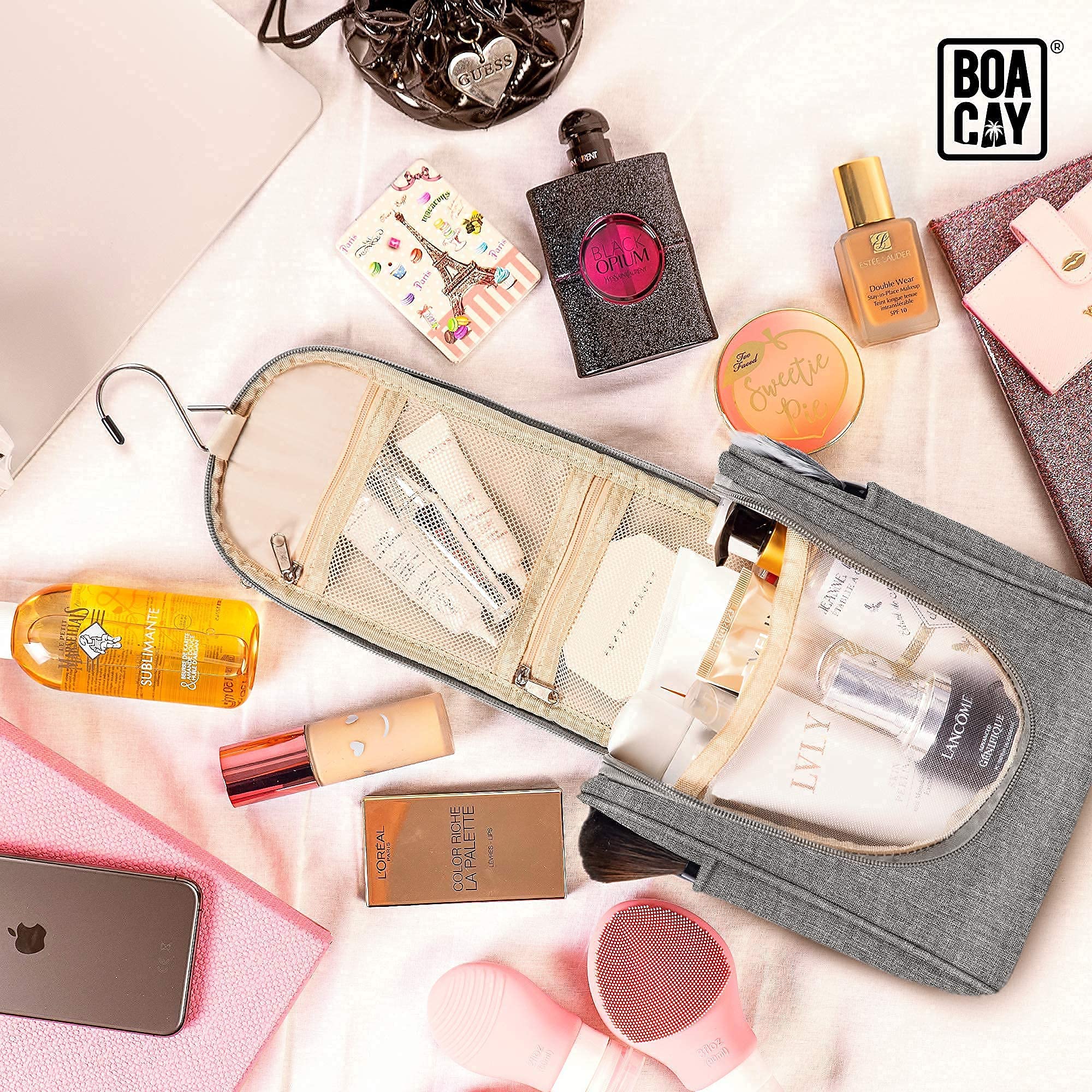 BOACAY Small Hanging Travel Toiletry Bag for Women & Men - Waterproof Makeup Organizer with Multiple Pockets - Perfect for Bathroom, Shower & Travel Essentials (Ideal for Cosmetics, Accessories & Toiletries on Vacation, Camping & Business Trips)