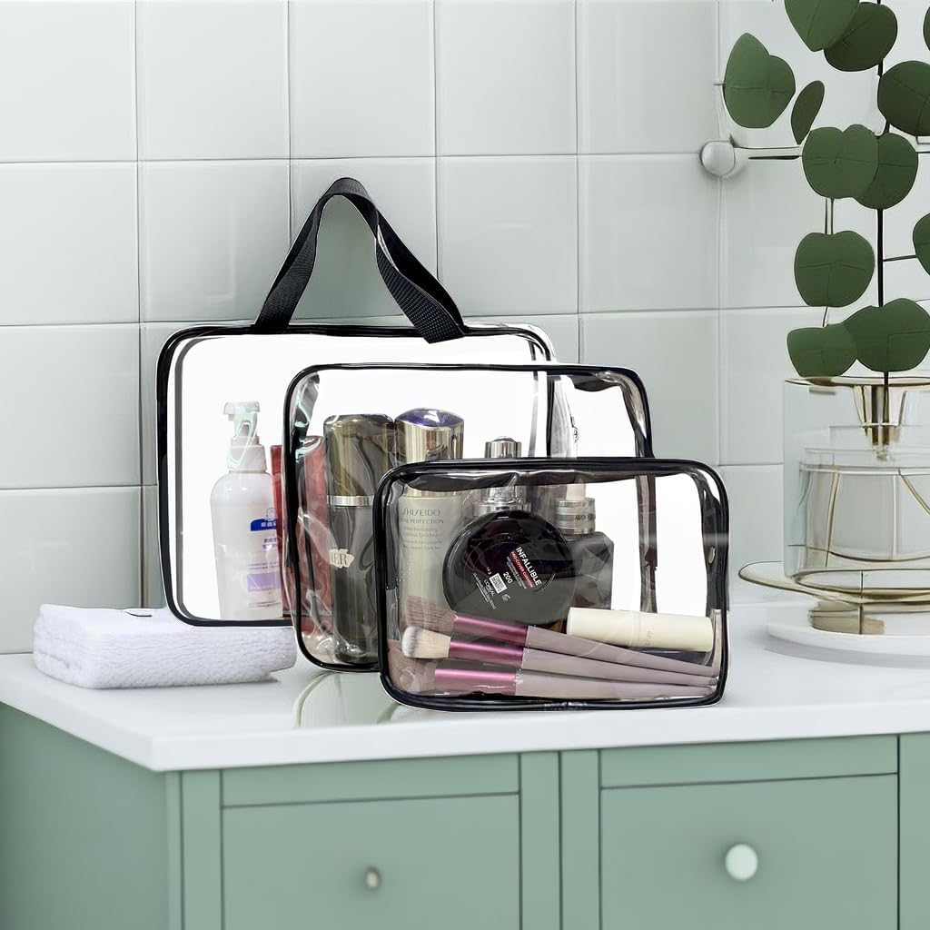 **DIVHUK 3-Piece Clear Plastic Cosmetic Bag Set - Waterproof Travel Toiletry Pouch with Zipper & Handle for Makeup Brushes & Essentials - Perfect for Women's Air Travel, Gym, and Daily Organization (Transparent)**