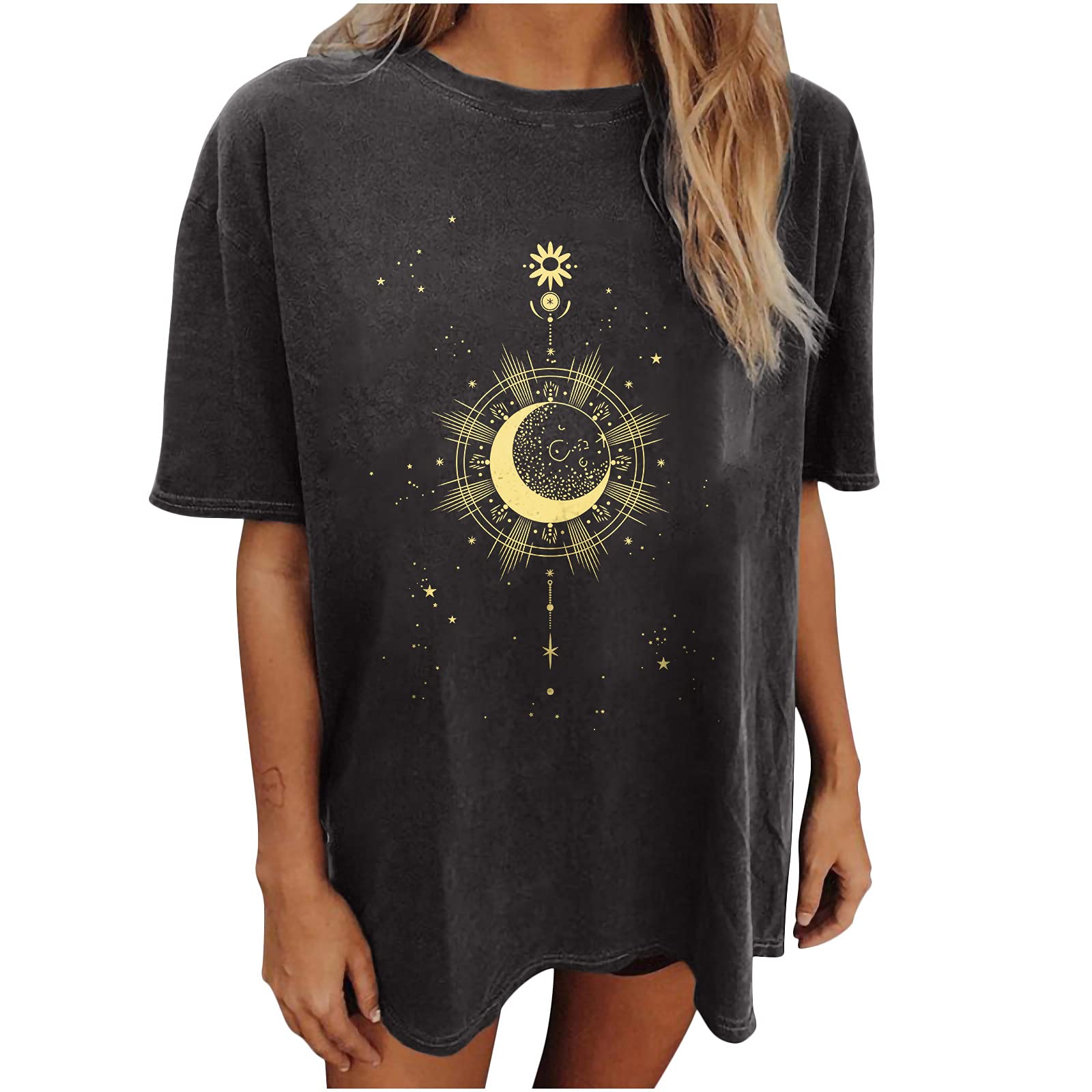 Vintage Women's Short Sleeve Blouse - Skull & Sun Moon Print Drop Sleeve Cute Top for Casual Wear, Street Fashion and Festival Outfits