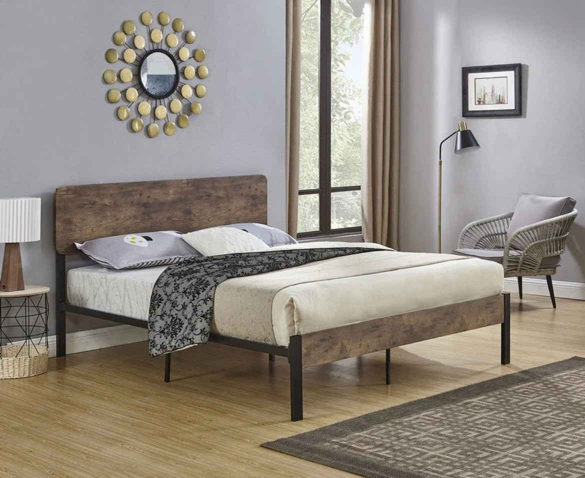 Benny Steel Platform Bed with Wooden Headboard Panel 5580 - Modern Minimalist Bed Frame for Bedroom, Guest Room & Dorm - Sturdy Metal Frame with Wood Accent - Easy Assembly & Space-Saving Design