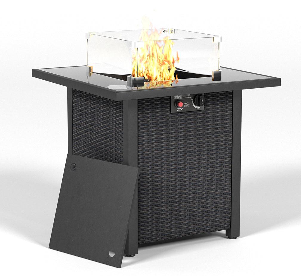28 Inch Propane Fire Pit Table - 50,000 BTU Outdoor Gas Fire Pit with Rattan Wicker Design & Tempered Glass Top - Includes Glass Windscreen for Patio, Backyard, Garden - Perfect for Outdoor Entertaining & Cozy Nights (Coffee Brown)
