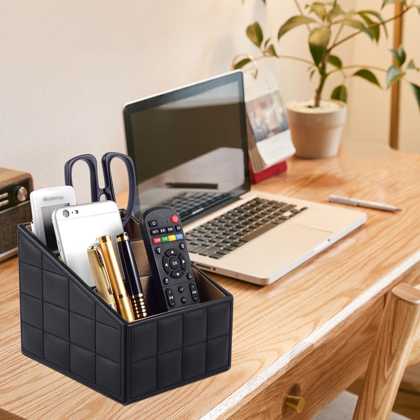 XNONE Leather Remote Control Organizer with 3 Compartments - Multifunctional Nightstand & Desk Organizer for Pens, Glasses, Phones, Makeup - Black Line Design (Perfect for Home Office, Bedroom & Living Room Organization)