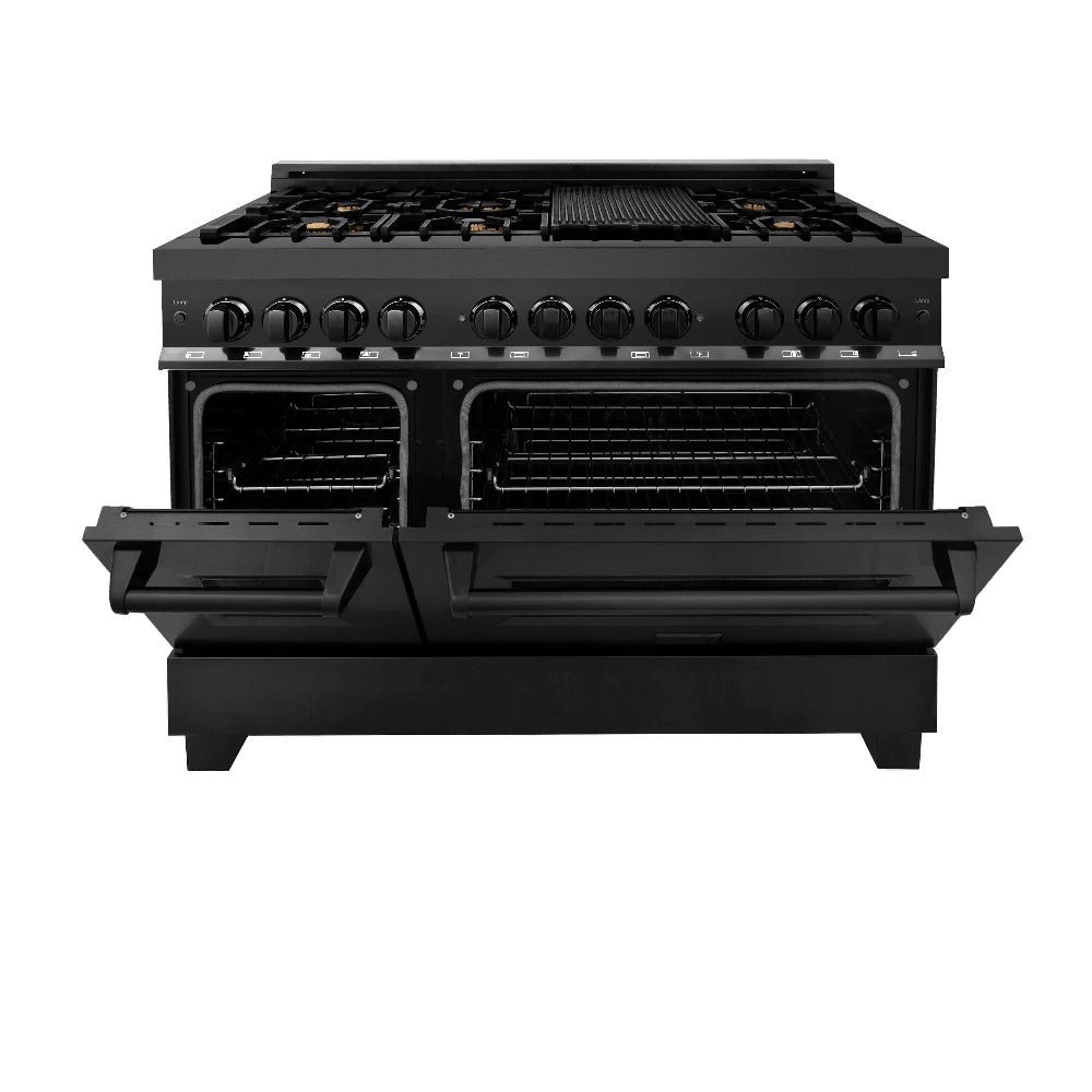 ZLINE 48-Inch Black Stainless Steel Kitchen Package - 5KPR Dual Fuel Range, RABRH48 Range Hood, MWDWV Microwave Drawer & 24
