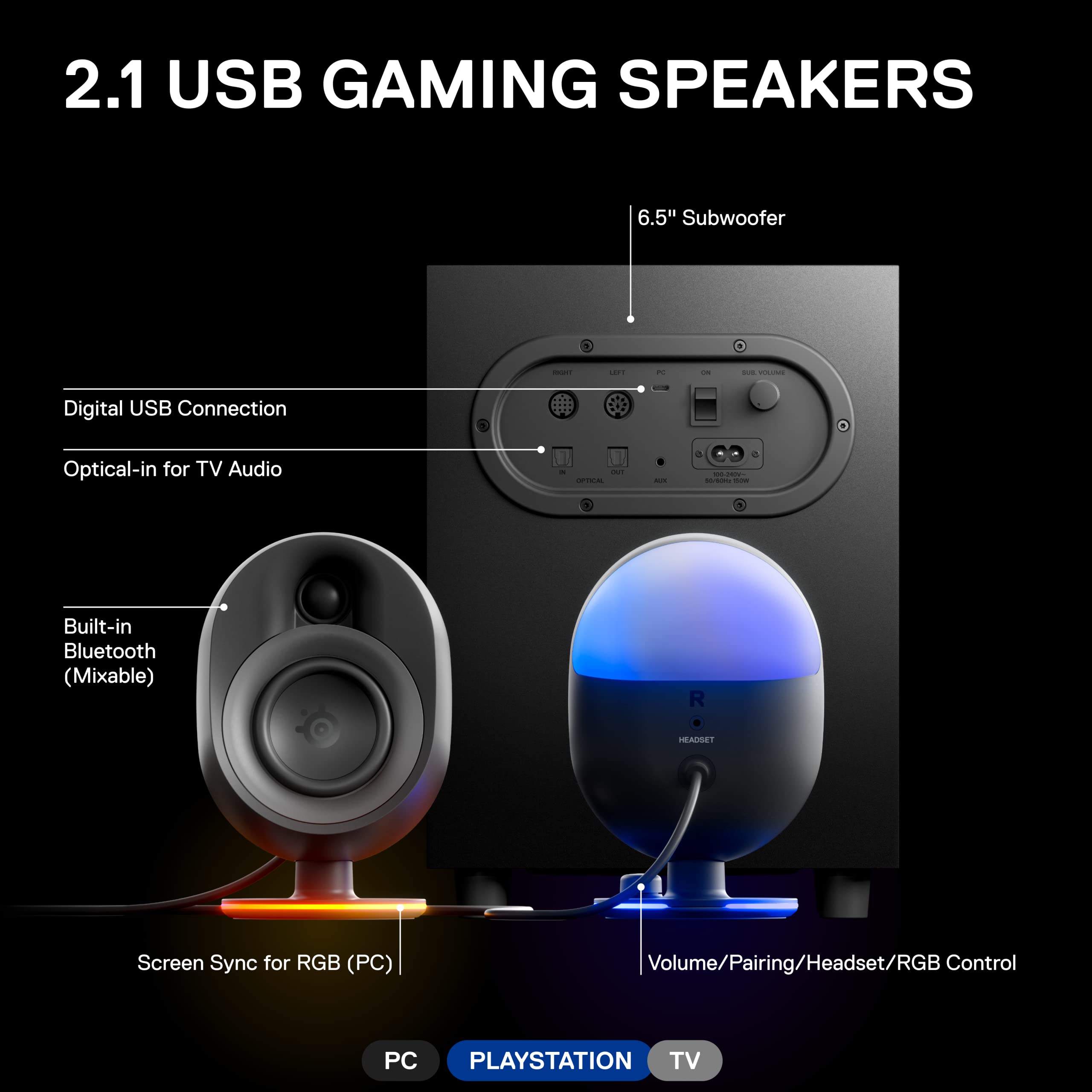 SteelSeries Arena 7 RGB 2.1 Gaming Speakers with Powerful Bass & Subwoofer | Bluetooth PC/PS5/Mobile Speakers | Perfect for Gaming Setup, Home Theater & Music Listening