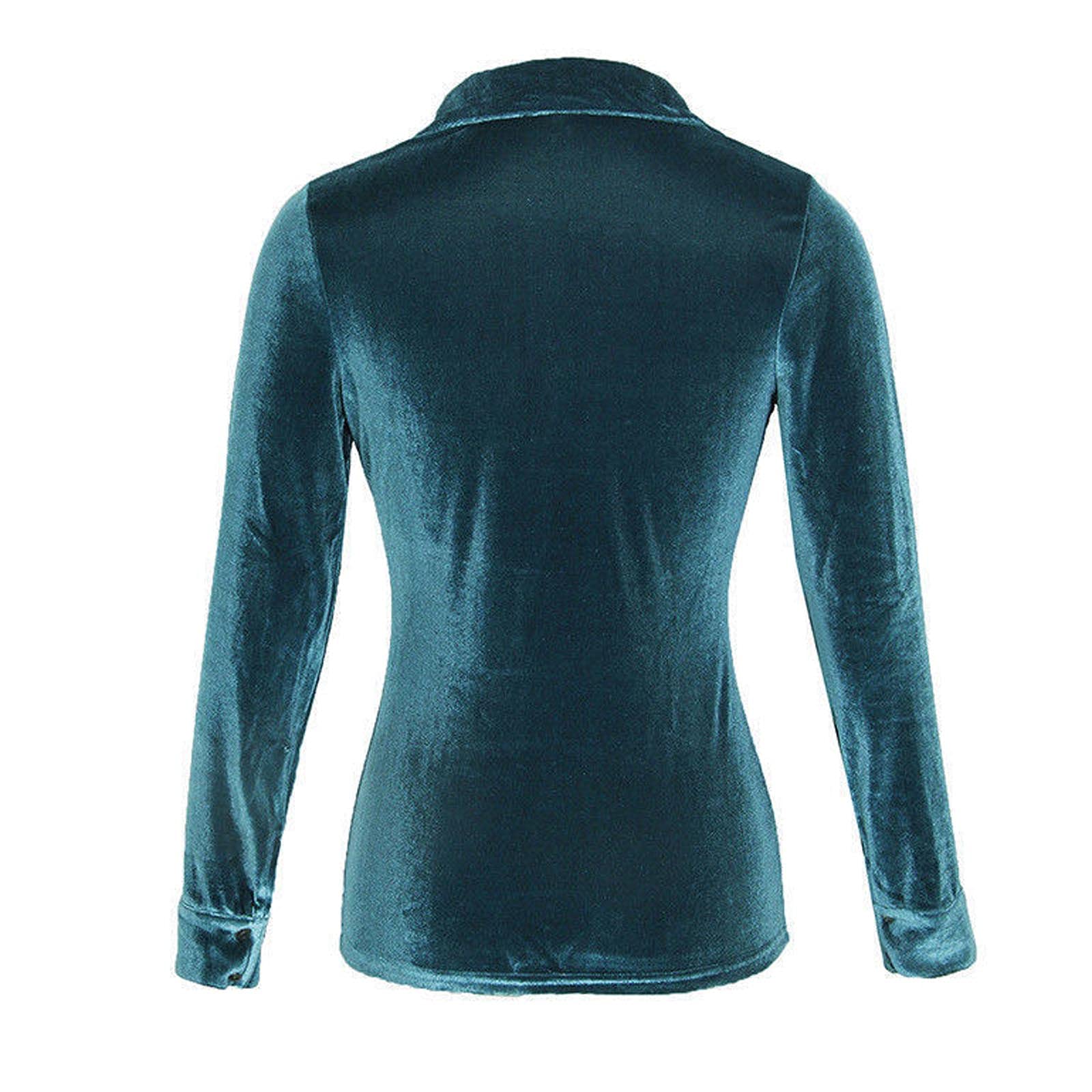 Women's Winter Velvet V-Neck Button Long Sleeve Tunic Blouse with Pocket - Soft Casual Fashion Tops for Work, Date Night & Holiday Outfits