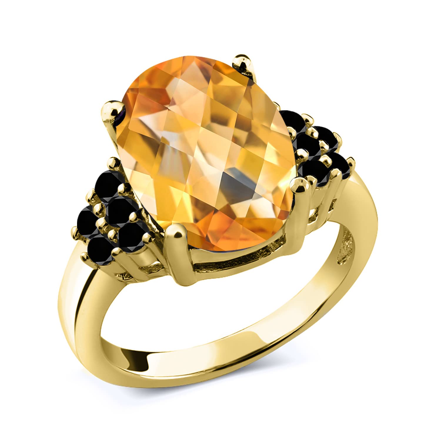 6.06 Ct Oval Checkerboard Yellow Citrine & Black Diamond Ring in 18K Gold Plated Silver | Gem Stone King | Elegant Jewelry for Women, Perfect for Weddings, Anniversaries & Special Occasions