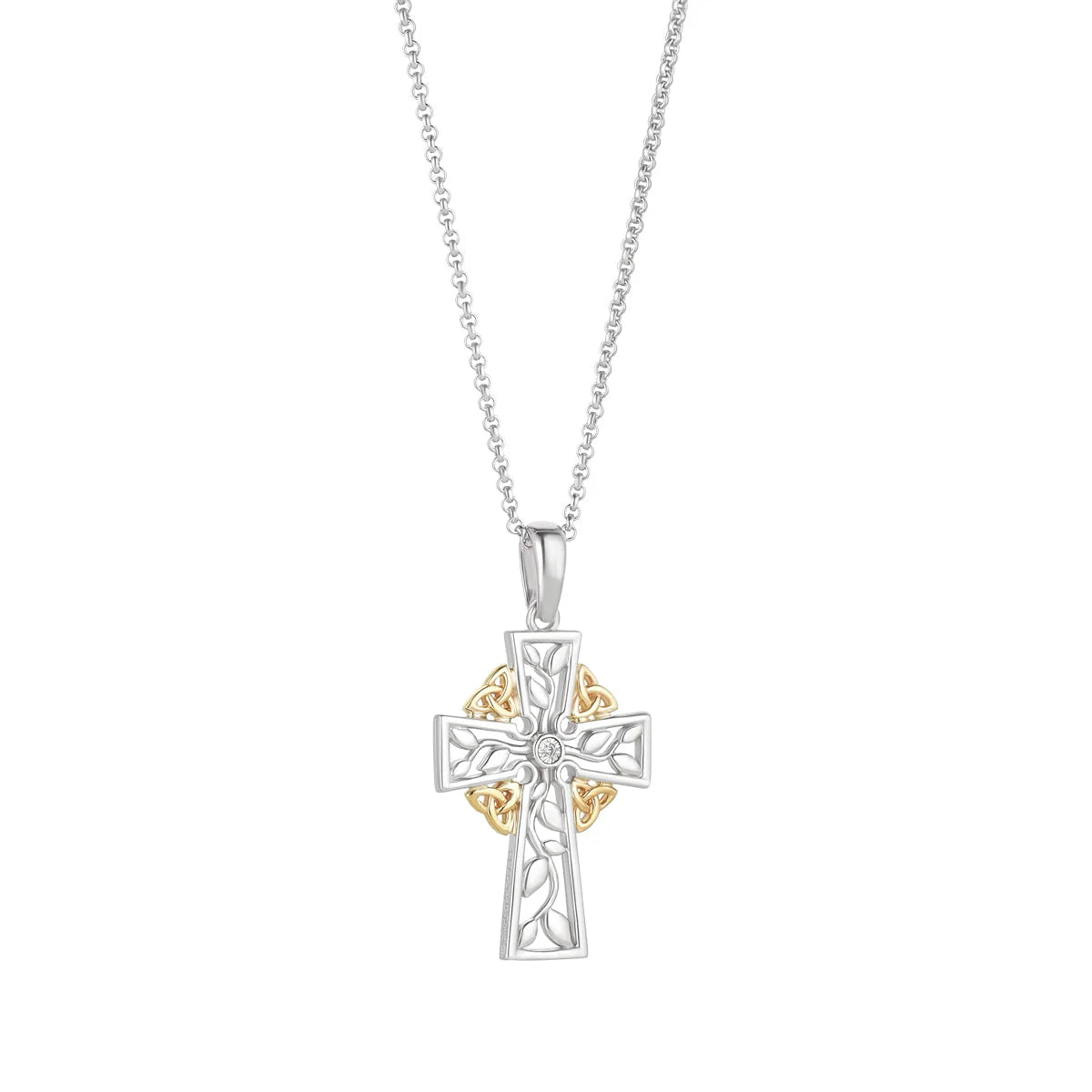 Gold and Silver Diamond Celtic Tree of Life Cross Necklace – Elegant Pendant for Women, Gift for Her, Wedding, Anniversary & Spiritual Occasions
