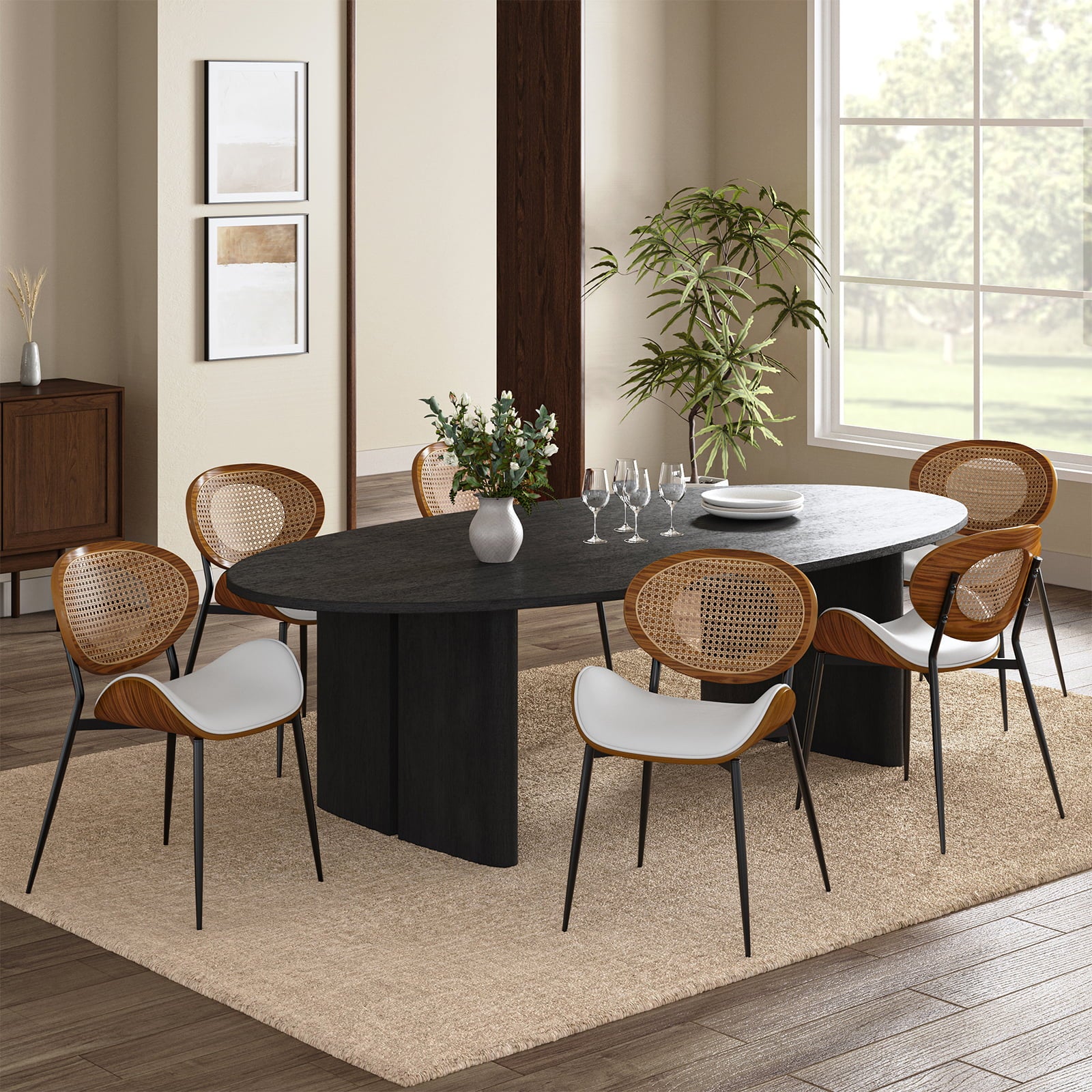 Flora Curved Wood Backrest Faux Leather Upholstered Dining Chair Cushion - Ergonomic Support for Kitchen, Restaurant & Office - Comfortable Seat Pad with Wooden Frame (Multiple Styles Available)
