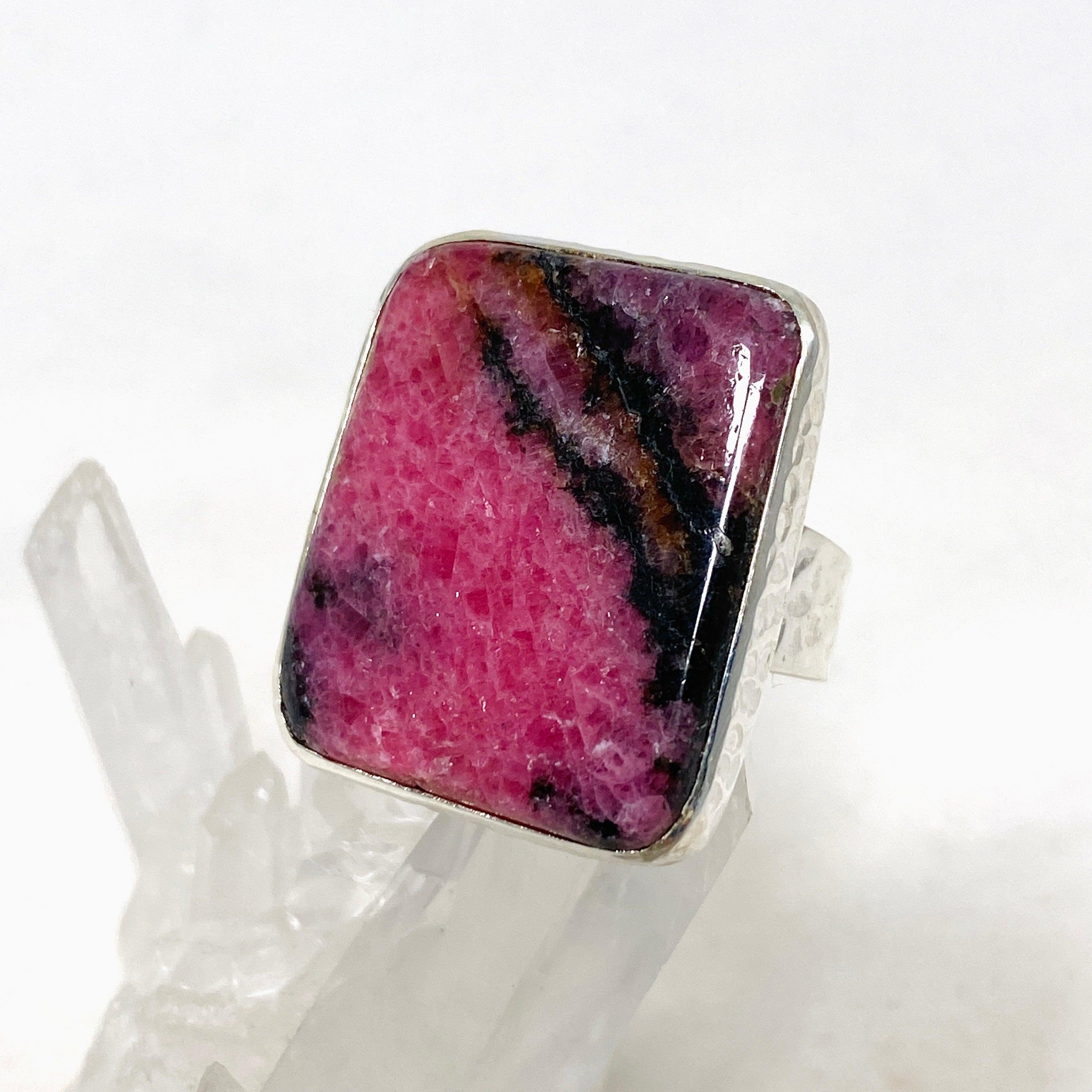 Rhodonite Rectangle Ring in Hammered Silver Setting - Size 9.5 (KRGJ3212) | Healing Stone Jewelry for Women, Meditation & Spiritual Gifts