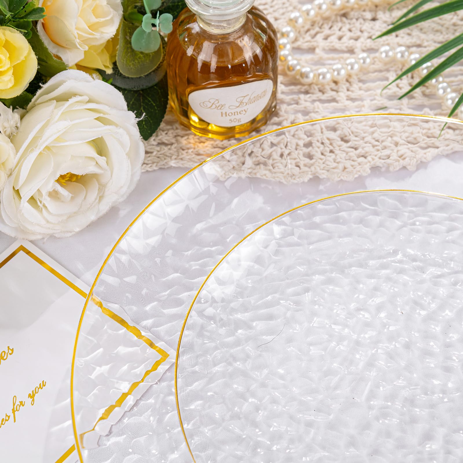 100Pcs Clear Gold Plastic Plates - Disposable Gold Rim Party Plates, Heavy Duty Hammered Design - 50 Clear Dessert Plates & 50 Dinner Plates for Weddings, Birthdays, BBQs & Special Events