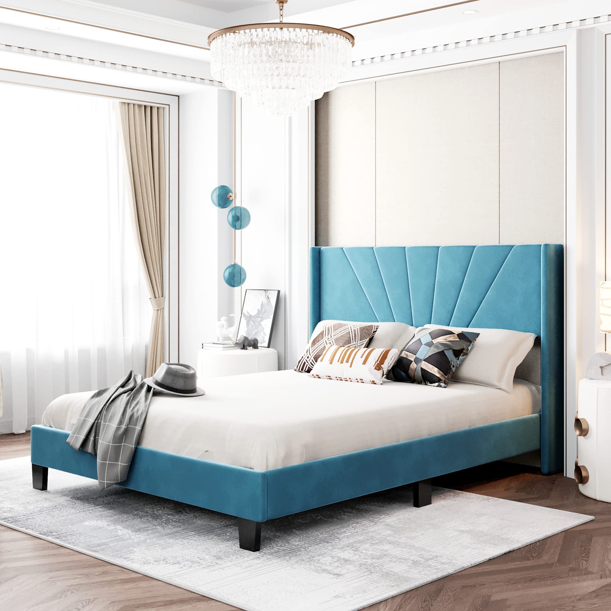 Queen Size Velvet Upholstered Platform Bed Frame with Headboard - Heavy Duty Wood Slat Support (500lb Capacity) - No Box Spring Needed - Easy Assembly - Blue Velvet Bedroom Furniture for Master Bedroom & Guest Room