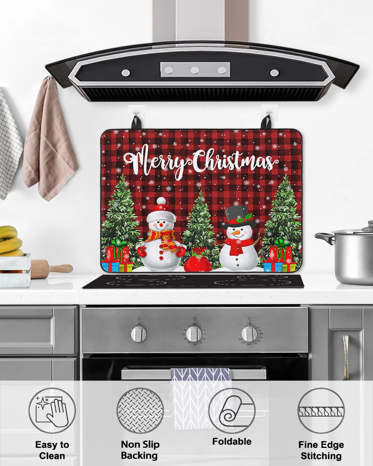 Electric Stove Cover - Heat Resistant Rubber Mat with Christmas Snowman & Xmas Tree Design, Buffalo Plaid Red Black Foldable Cooktop Protector for Glass Top Stoves, 28.5