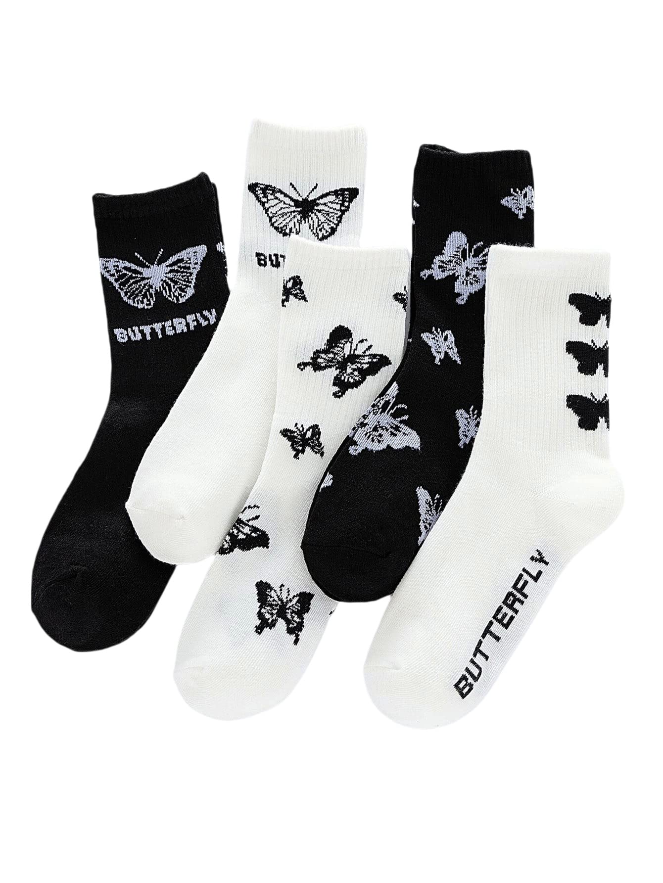 WDIRARA Women's 5-Pack Butterfly Print Crew Socks - Soft Cotton Knit Ankle Socks for Casual Wear, Workout & Daily Outfits