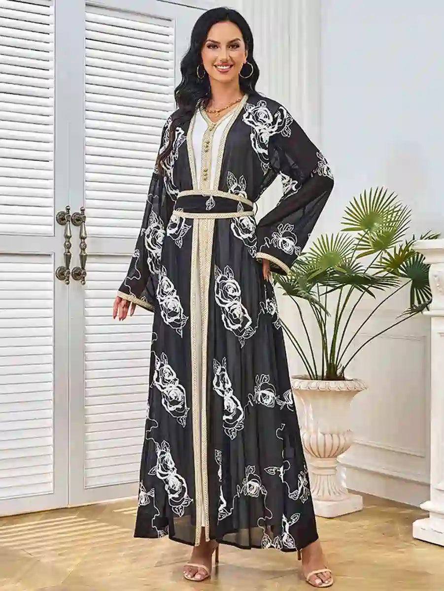 Elegant Eid 2-Piece Embroidered Caftan Dress Set with Sleeveless Inner Dress #25211 - Perfect for Muslim Women's Holiday Celebrations, Special Occasions & Wedding Guest Outfits