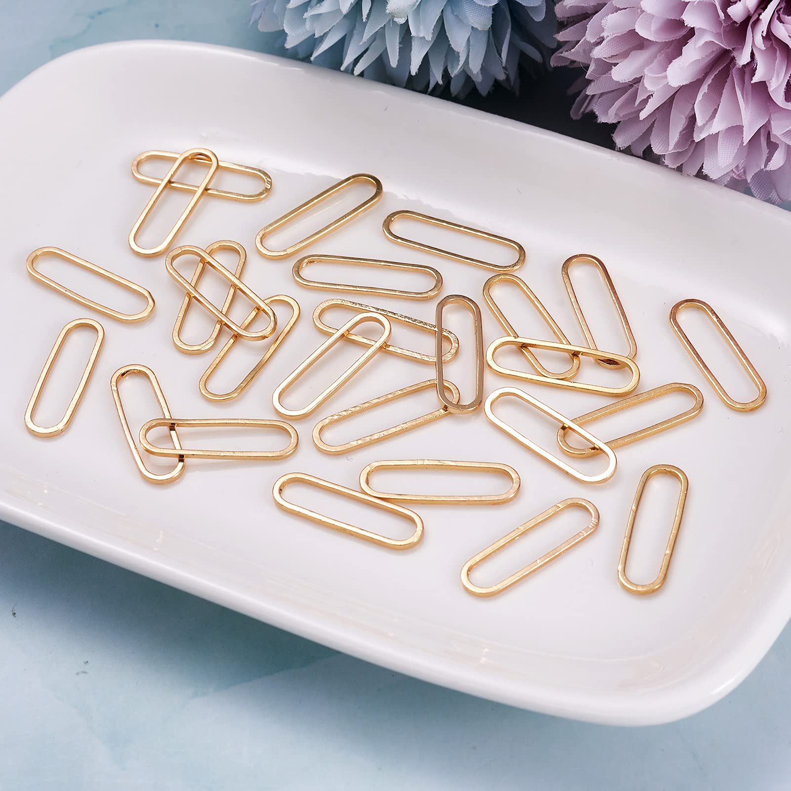 FASHEWELRY 100Pcs Brass Soldered Linking Rings - Hollow Geometric Oval Hanging Charms, 18K Gold Plated Connectors for Jewelry Making (20x6mm) - Perfect for Necklaces, Bracelets & DIY Craft Supplies